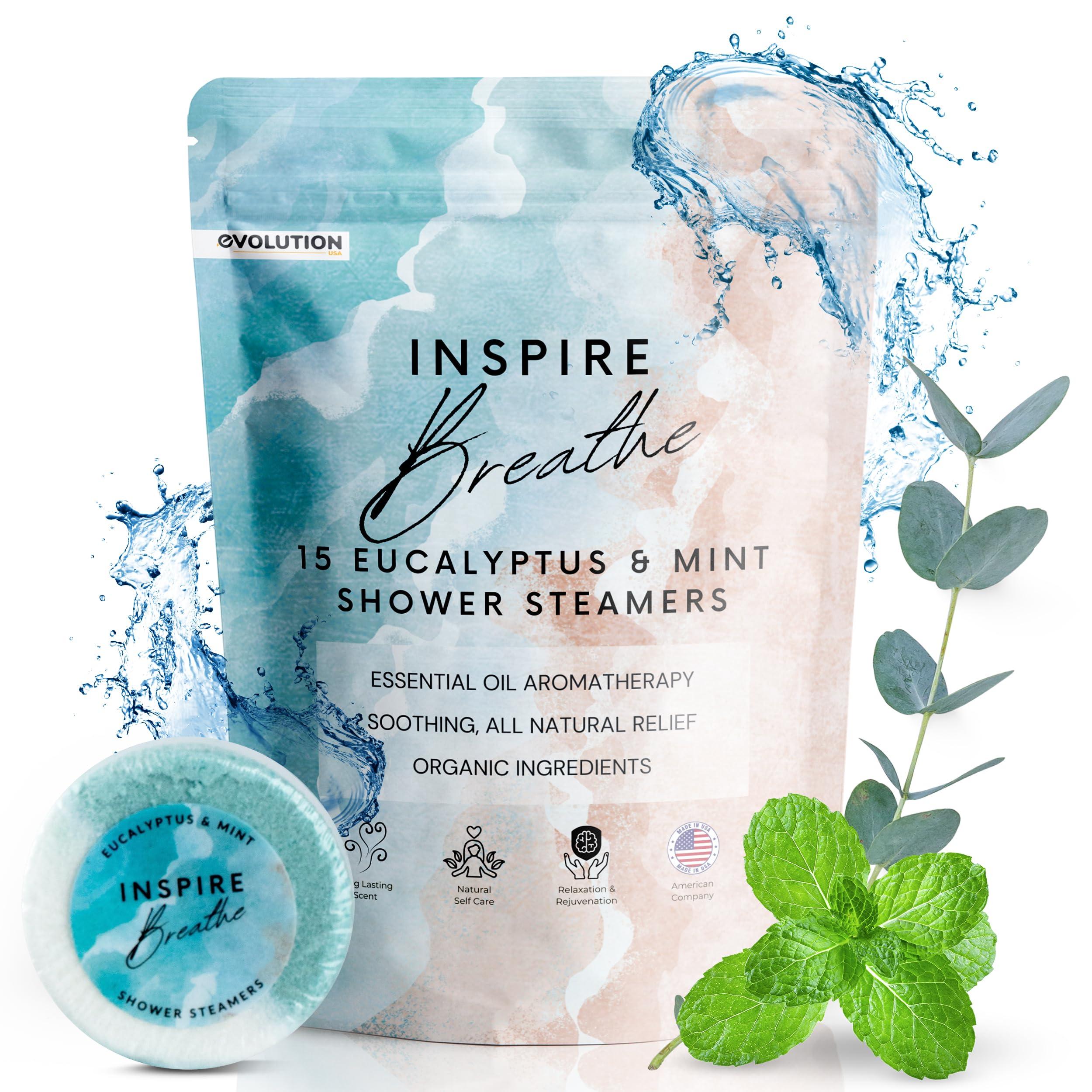 EvolutionUSA EvolutionUSA Inspire Breathe Shower Steamers Aromatherapy, 15 Mint & Eucalyptus Shower Steamers for Women, Vapor Shower Tablets