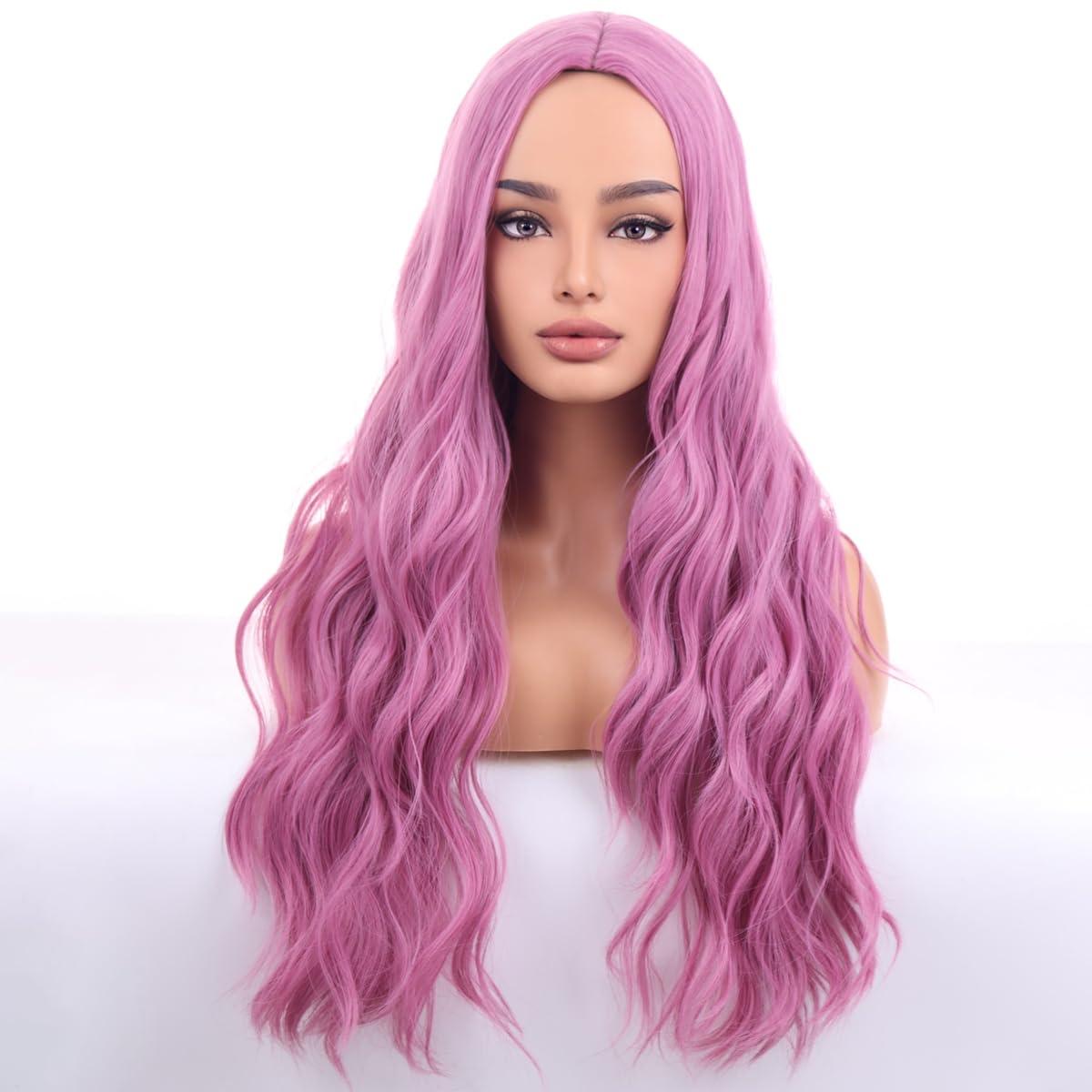 WTHCOS WTHCOS Mixed Purple Wig Long Curly Wavy Hair Wig for Women Middle Part Wig Light Purple Wig Heat Resistant Synthetic Hair Wigs for Daily Use Cosplay Wig With Wig Cap