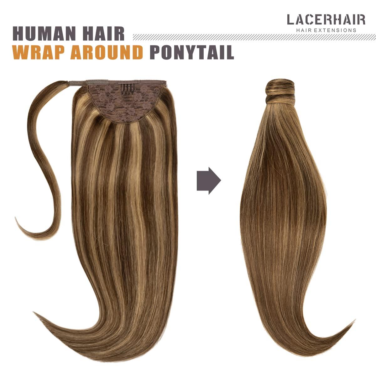 Lacer Lacer Real Hair Ponytail Extension Ombre Chocolate Brown to Caramel Blonde Pony Tails Extensions Human Hair Long Straight Wrap Around Human Hair Ponytails for Women Hair Piece 22 Inch 90g