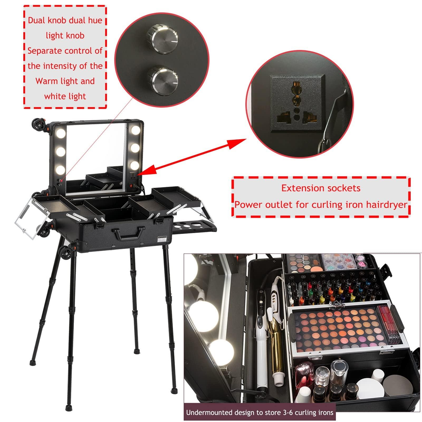 HJXGQJM Rolling Makeup Case Professional Makeup Train Case Makeup Artist Travel Organizer, Cosmetic Case With LED Light With Stand, Infinitely Dimmable, Two-colour, Aluminium Make Up Case, Black cosmetic case