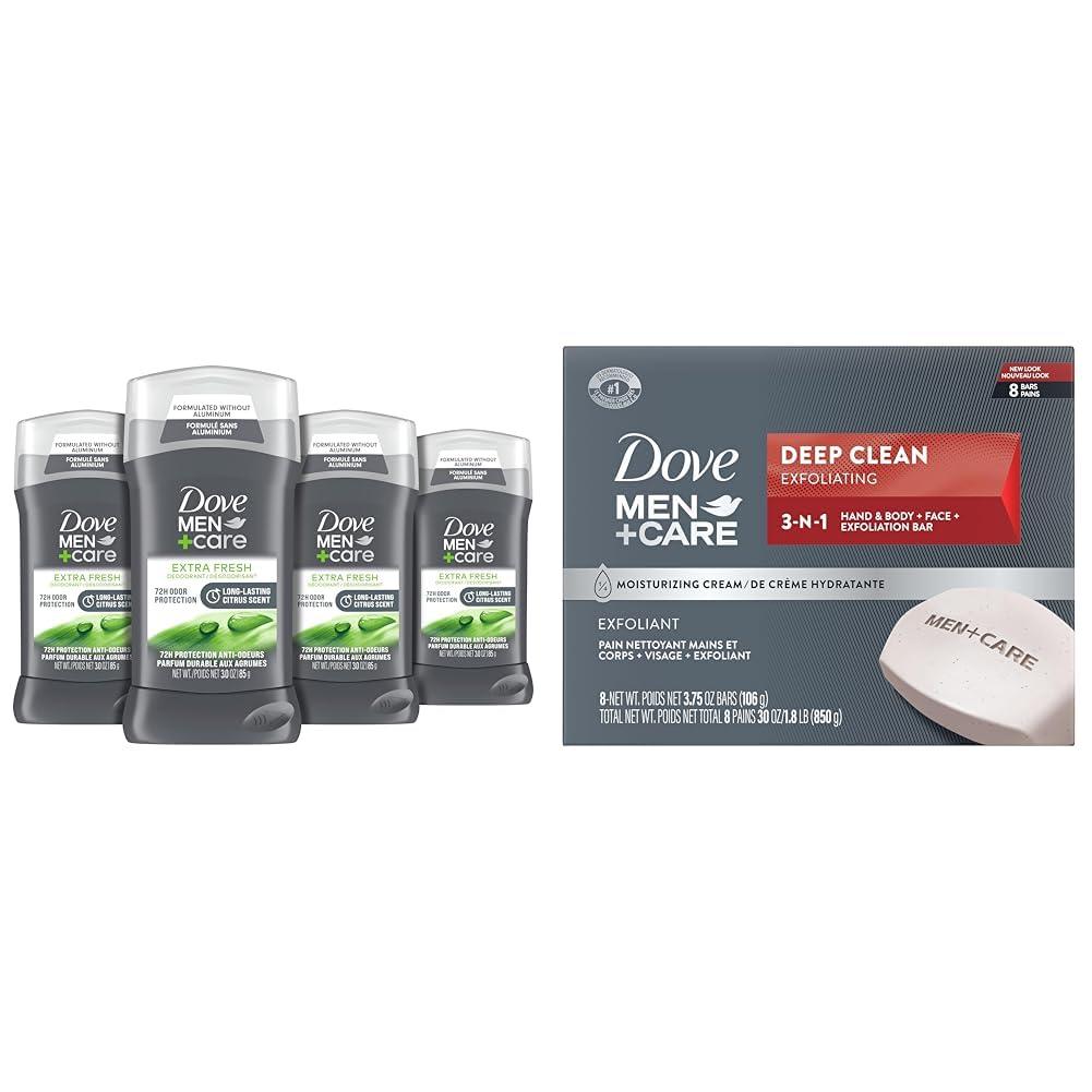 DOVE MEN + CARE Dove Men + Care Deodorant Stick Pack of 4 with 72-Hour Odor Protection and Dove Men+Care Deep Clean Bar Soap Pack of 8