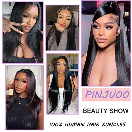 PINJUOO Pinjuoo Peruvian Hair Bundles 14 16 18 20 Inch 4 Straight Bundles Human Hair 100% Unprocessed Raw Virgin Hair Bundles Weave Natural Black Bundles Human Hair Extensions for Women