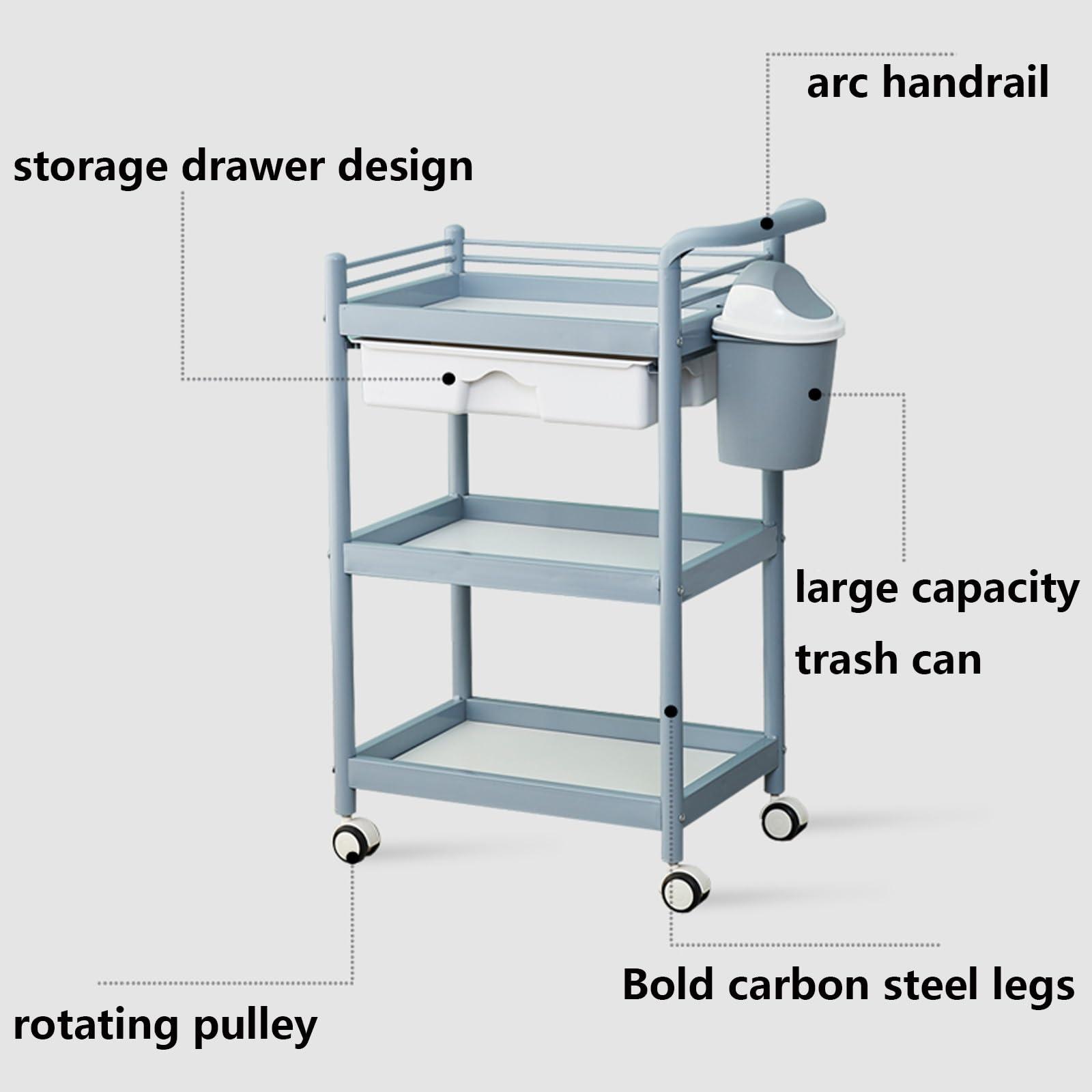 Torzk Beauty Salon Trolley Cart, 3-Tier Utility Rolling Cart with Single Drawer Mobile Salon Storage Cart with Trash Can for Spa Beauty Salon Plastic Surgery Institutions (Color : A)