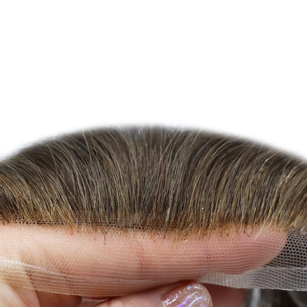 Generic Mens Frontal Hairpiece Hairline Replacement System Real Human Hair Forehead Hairline Men Hair System V-Shape Hair Topper (FS-V Poly with Lace, 17 DARK ASH BLONDE)