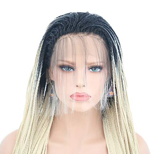 CHENG RUO Hair Cap+26'' Braided Lace Wigs Ombre Blonde Hair with BLack Roots for Women Synthetic Heat Resistant Long Braided Wigs Glueless Half Hand Tied Blonde Micro Braids Lace Front Wig