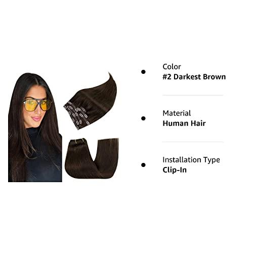 RUNATURE RUNATURE Dark Brown Clip in Hair Extensions Short 12 Inch Dark Brown Human Hair Clip in Extensions Full Head Brown Clip in Human Hair Extensions 80g 7pcs Straight Brunette Hair Extensions