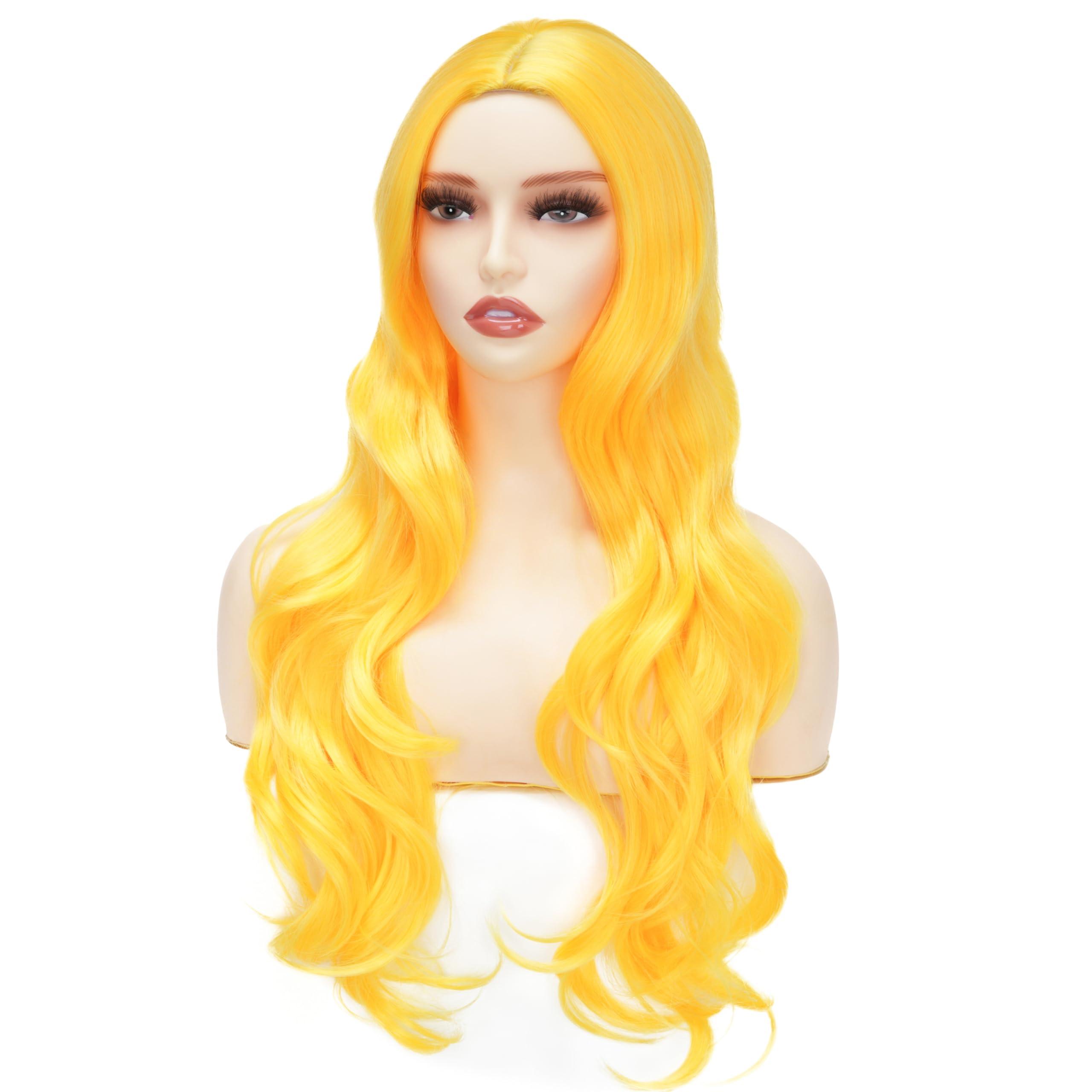 Daiaces Long Yellow Curly Wavy Wigs for Women Side Part Natural Synthetic Heat Resistant for Daily Use Halloween Cosplay Wig