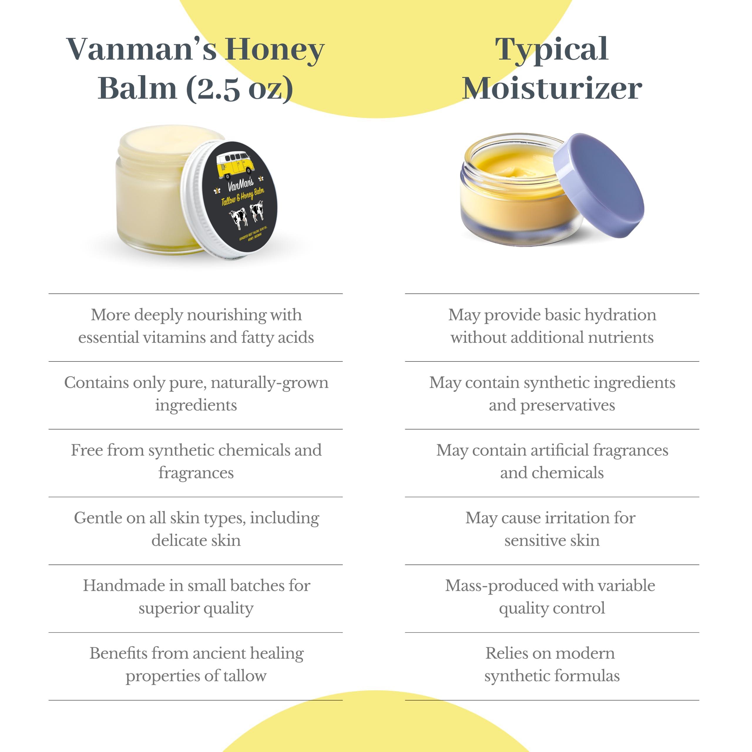 The Vanman Company Vanman\'s Tallow and Honey Balm With No Added Scent - Beef Tallow Face Moisturizer with Grass-Fed/Finished Beef Tallow for Skin, Organic Raw Honey and Beeswax, Cold Pressed Olive Oil - 2 oz