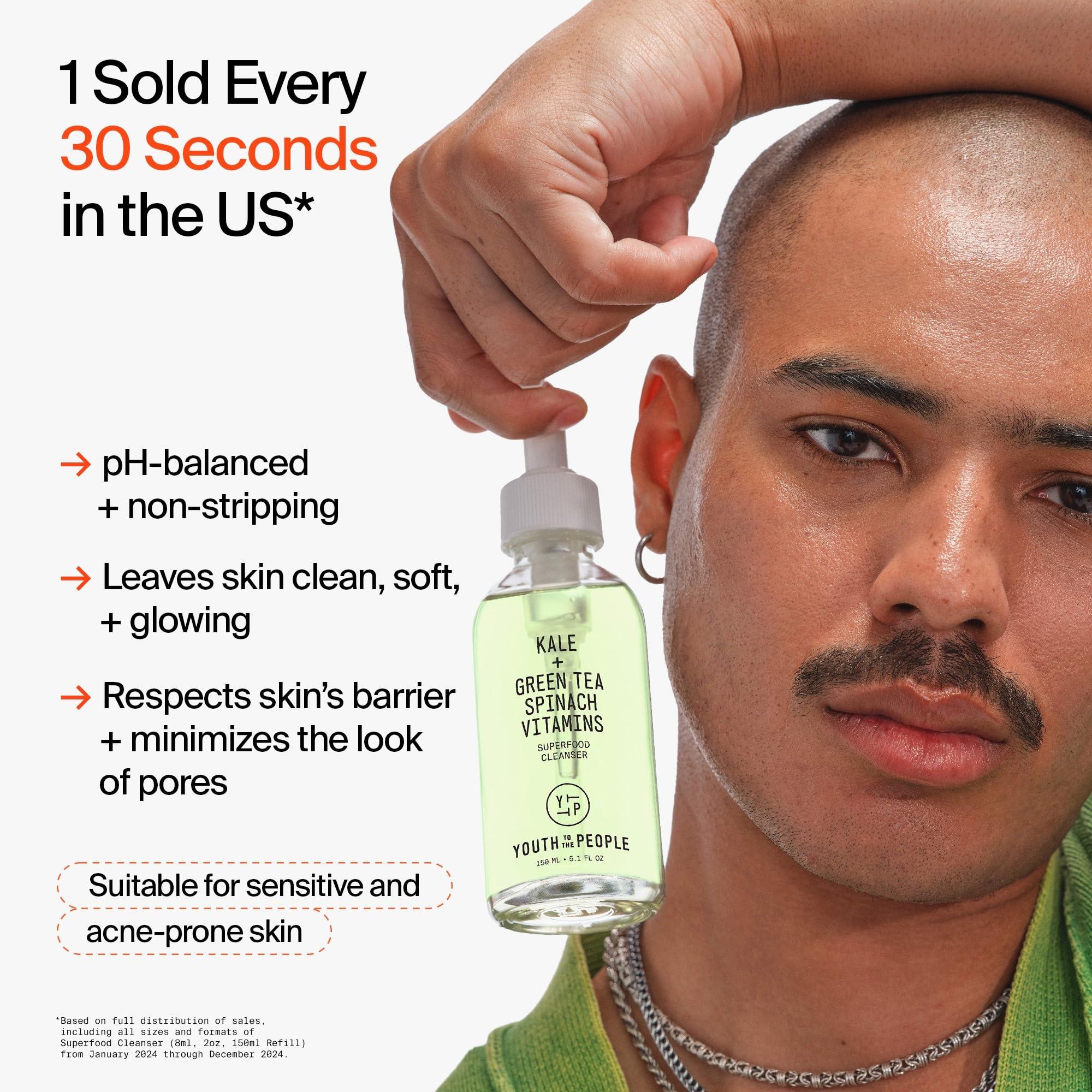 Youth To The People Youth To The People Superfood Cleanser Travel Refill Bundle Set, Kale + Green Tea Face Cleanser (2oz) + (16oz Refill Pouch), Award-Winning Face Wash, Makeup Remover, All Skin Types