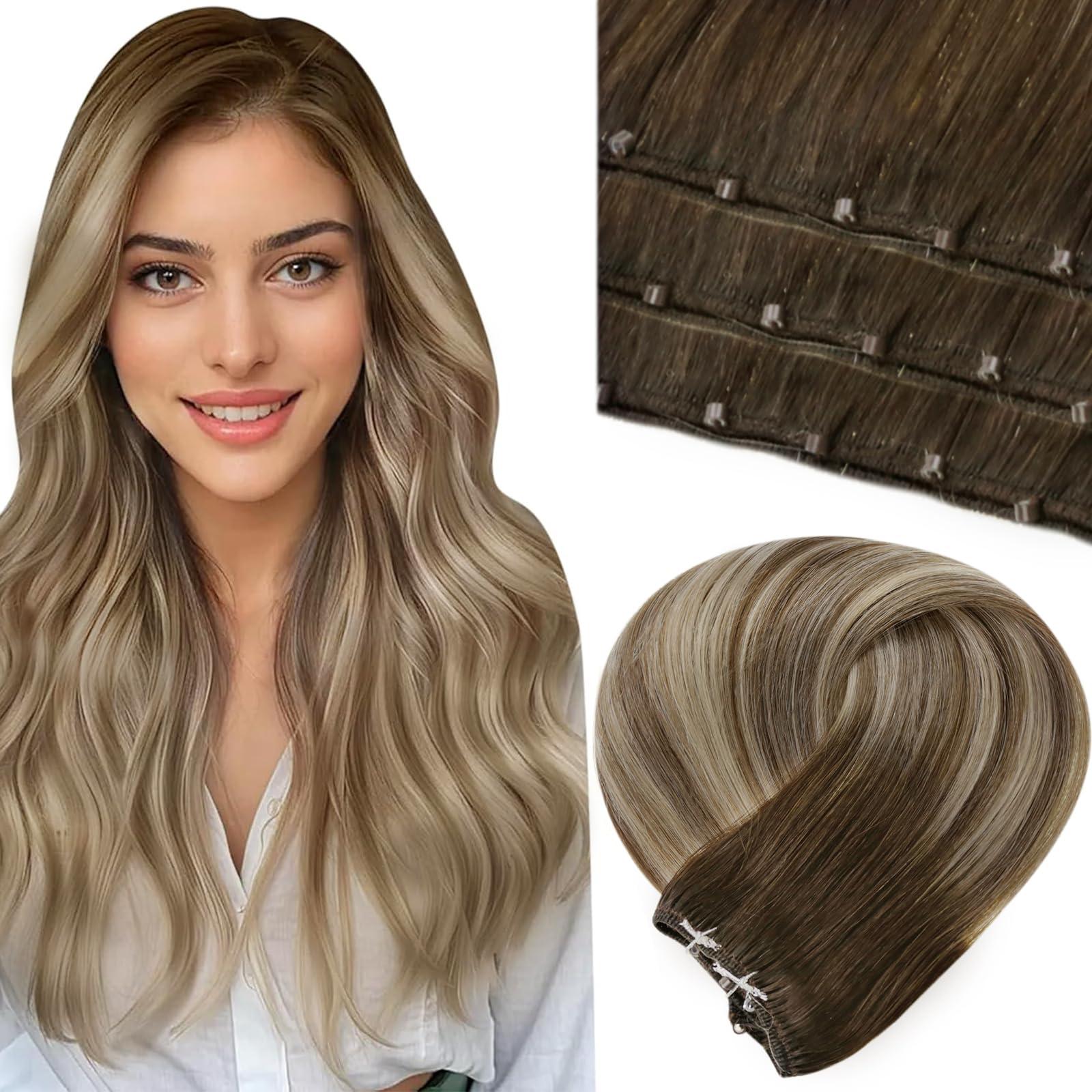 LAAVOO LaaVoo Beaded Weft Hair Extensions Human Hair Microbead Extensions Ombre Micro Beads Weft Human Hair Extensions Brown to Light Brown Mix Blonde Beaded Weft Extensions Human Hair 50G 18 Inch