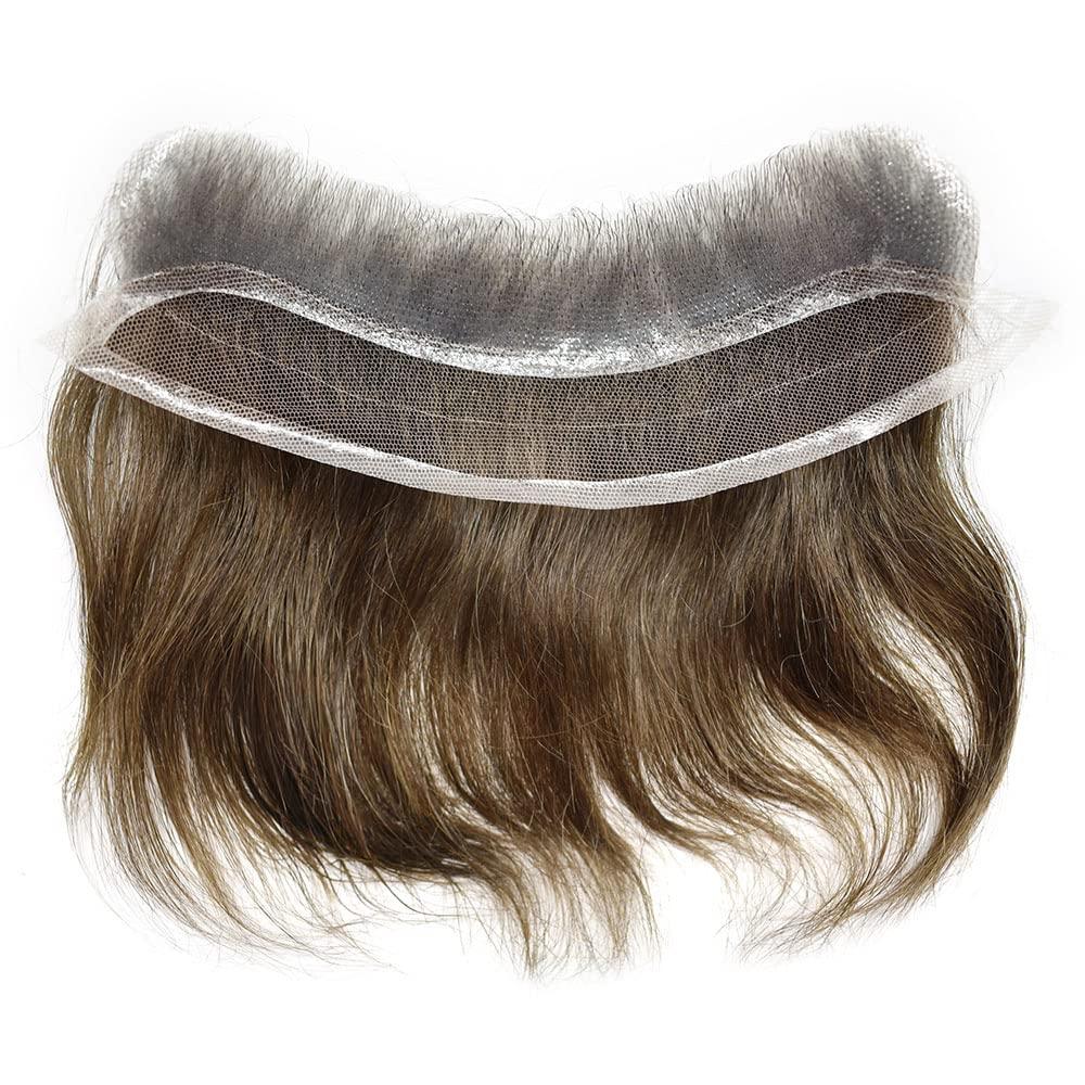 Curve Hair Lace Front Mens Receding Hairline Human Hair System Natural Mens Frontal Hairpiece V-Shape Thin Skin Poly Pu Forehead Replacement (4cmX18cm, 2 Darkest Brown-90% Light Density)