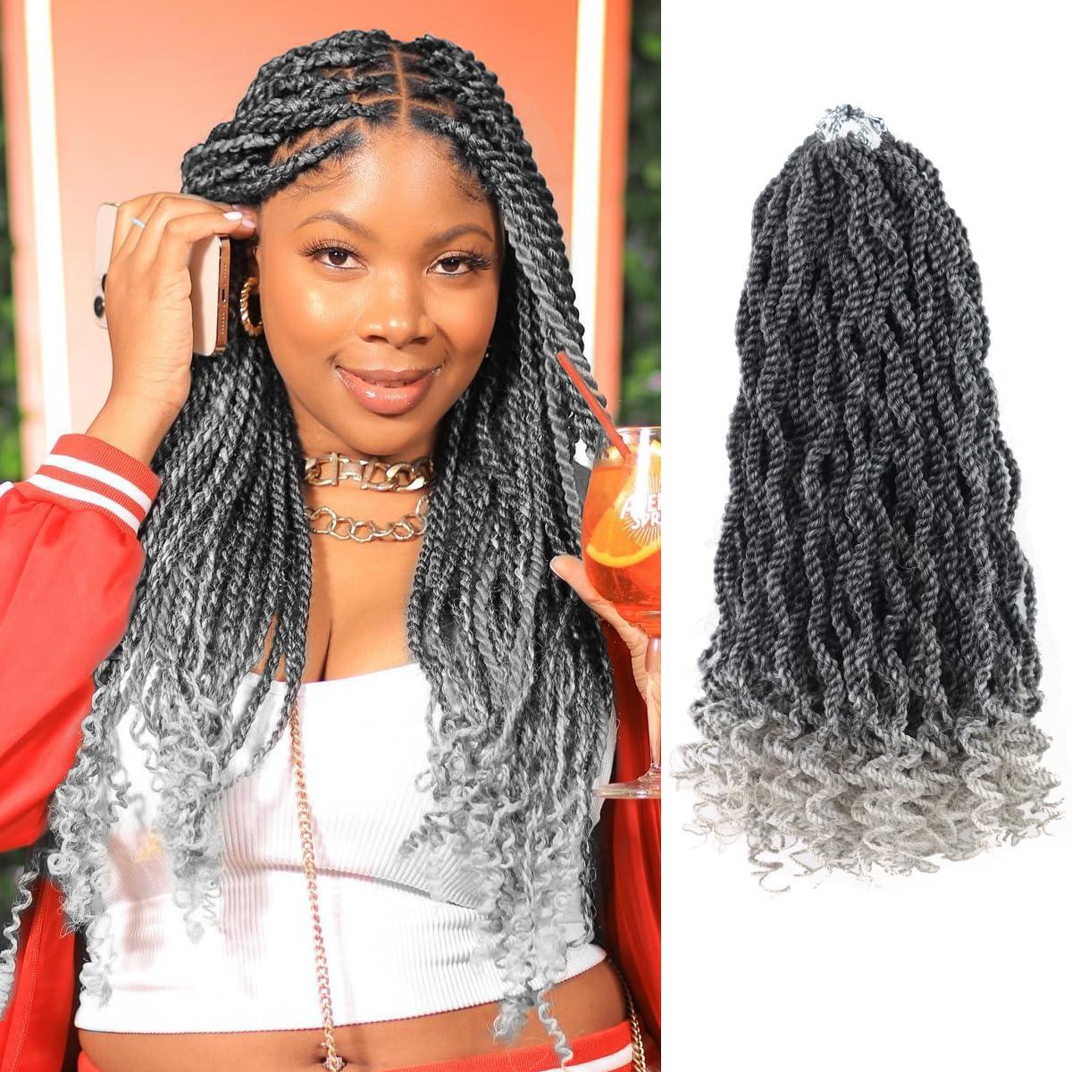 Aeagoo Crochet Hair 14 Inch Grey Senegalese Crochet Hair for Black Women 8 Packs Crochet Kinky Twist Braiding Hair Pre Looped Rope Twist Hair with Curly Ends (14 Inch,Tgrey)
