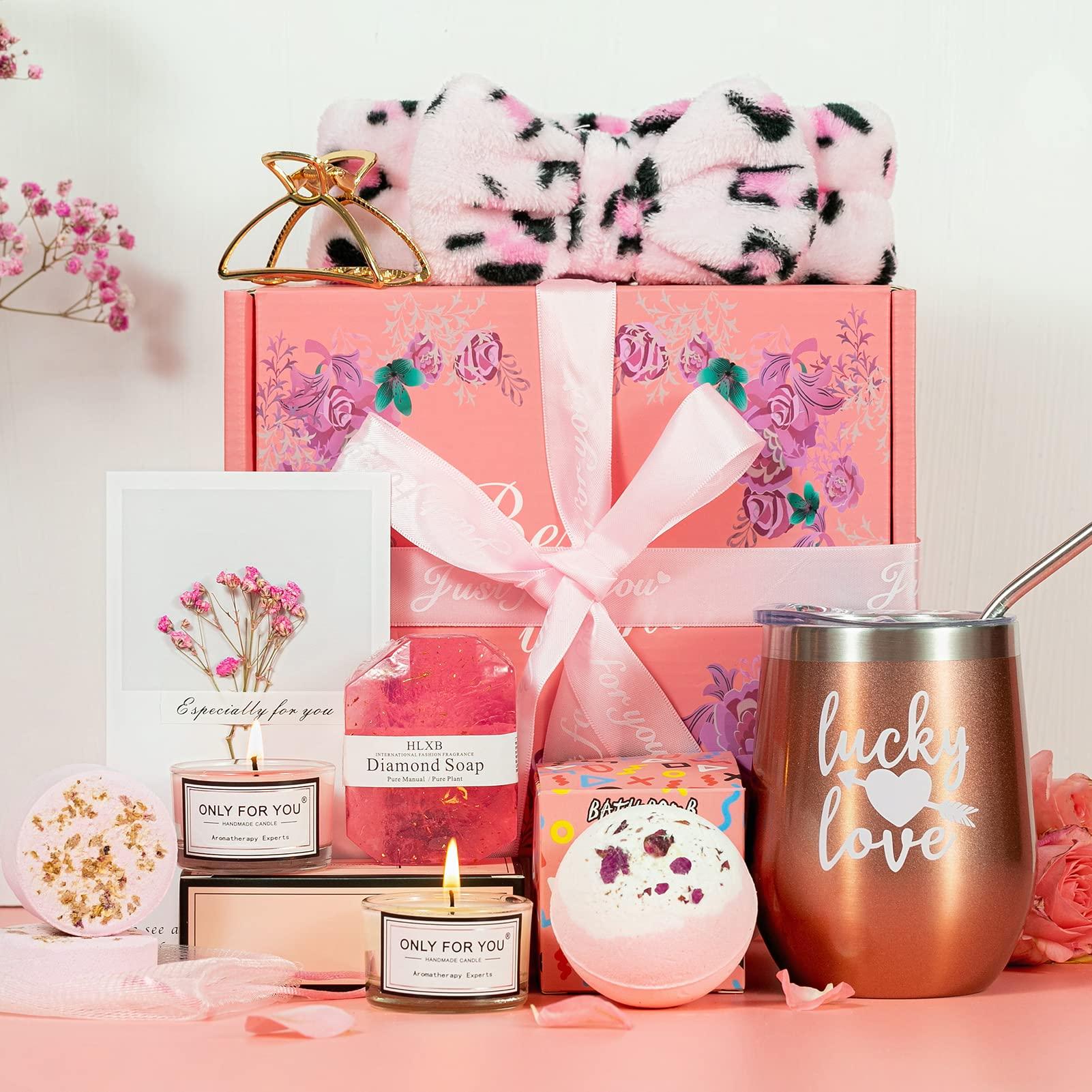WOZUTUNT Valentine Gifts For Women Best Friend, Pink Relaxing Spa Gift Box Basket For Her, Unique Gifts for Women Mom Sisters Wife Girlfriend Who Have Everything, Happy Birthday Tumbler Bath Gift Boxes Set