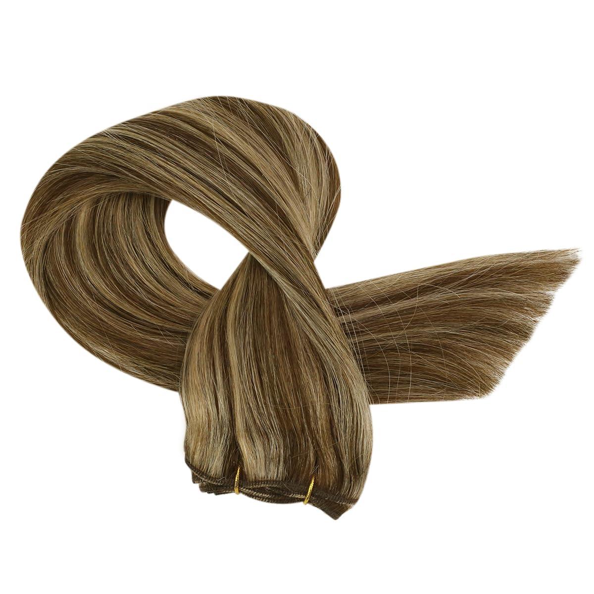 Sunny Hair Sunny Weft Hair Extensions Human Hair Brown Highlights Sew in Hair Extensions Real Human Hair Dark Brown with Caramel Blonde Weft Hair Extensions Thick End 14inch 70g