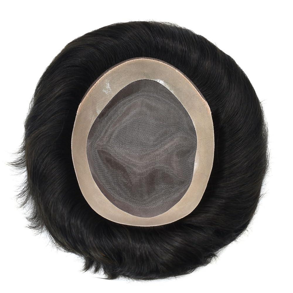 WigVivid Men Hairpiece Replacement System Mens Toupee Fine Mono Lace Toupee For Men Pu Poly Skin Around Mens Hair Piece Natural Hairline Human Hair Wig7\"X9\"#210 Darkest Brown+10% Gray