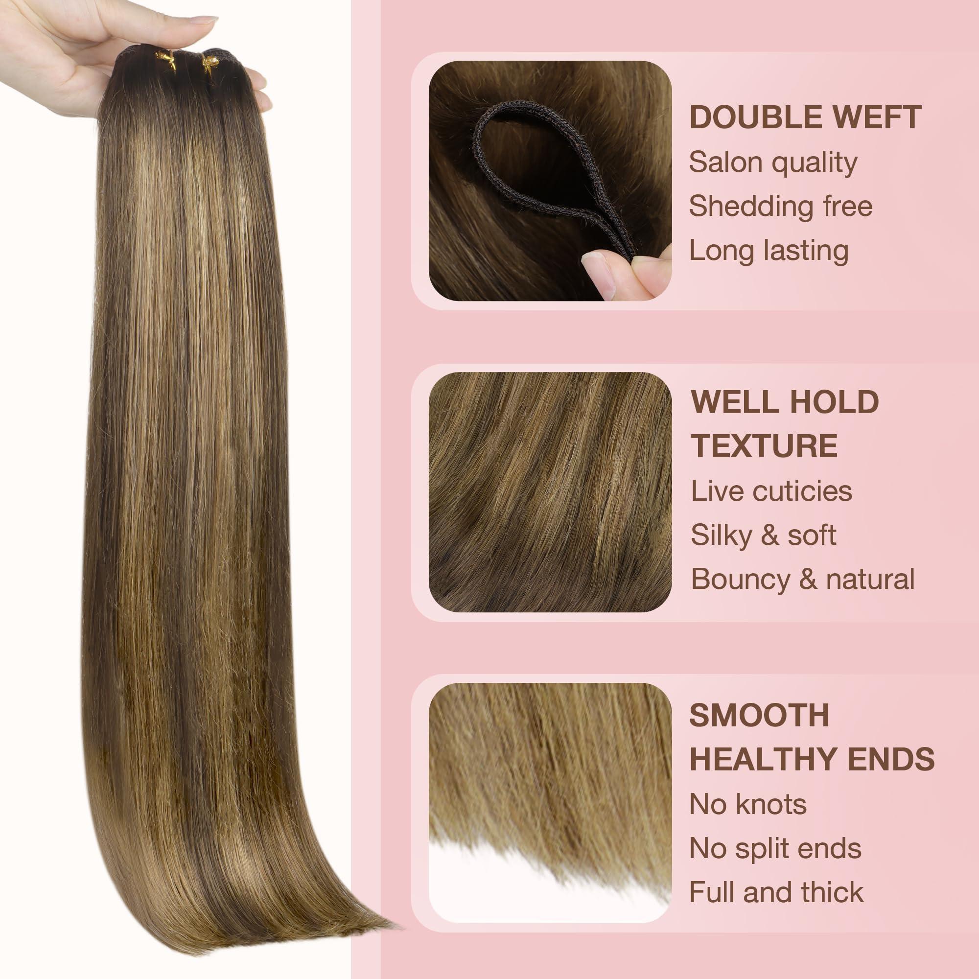 GOO GOO GOO GOO Sew in Hair Extensions Real Human Hair, Weft Hair Extensions Human Hair, 4D/14/5B Brunette Balayage 16inch 100g, Weft Bundles Straight Silky Remy Hair