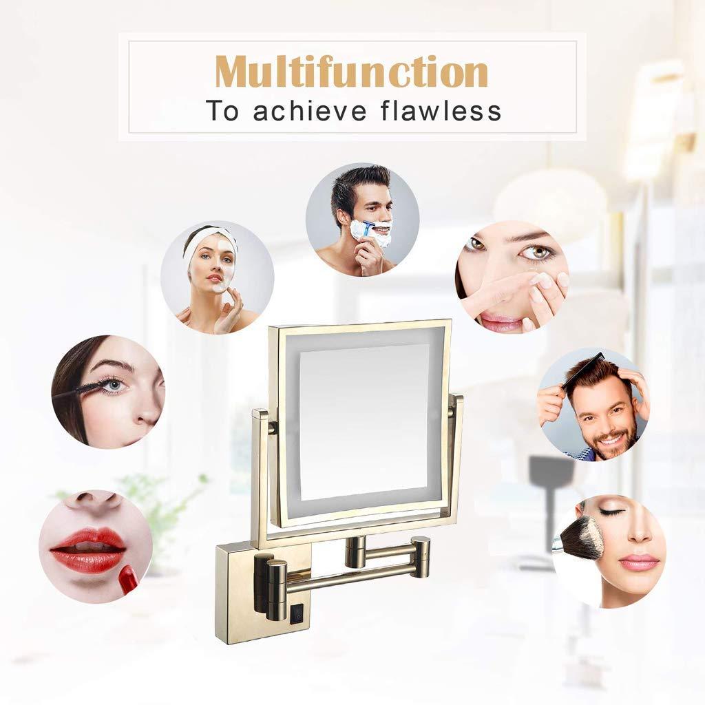 GANGEV GANGEV 8 Inch Bathroom Shaving Mirror Wall Mounted Square Vanity Mirror Gold Swivel 3X Magnification Two-Sided, with Plug