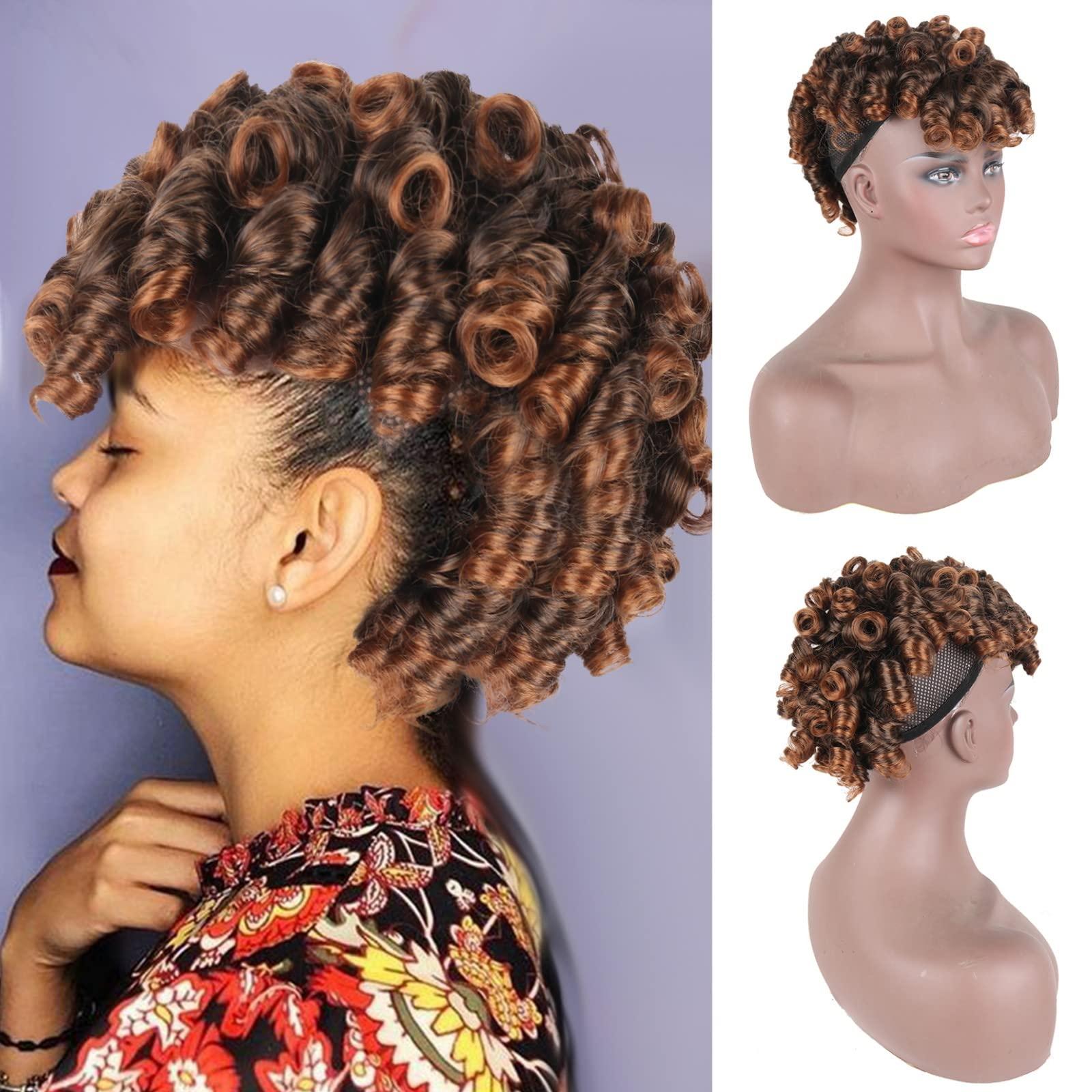 Oseti Oseti Short Mohawk Wig Clip on Hair Extensions for Black Women Cute and Curly Mohawks, Kinky Curly Afro Faux Hawk Clip in Hair Pieces for Women with Thinning Hair Brown Hawks Wig with Bangs (1B/30)
