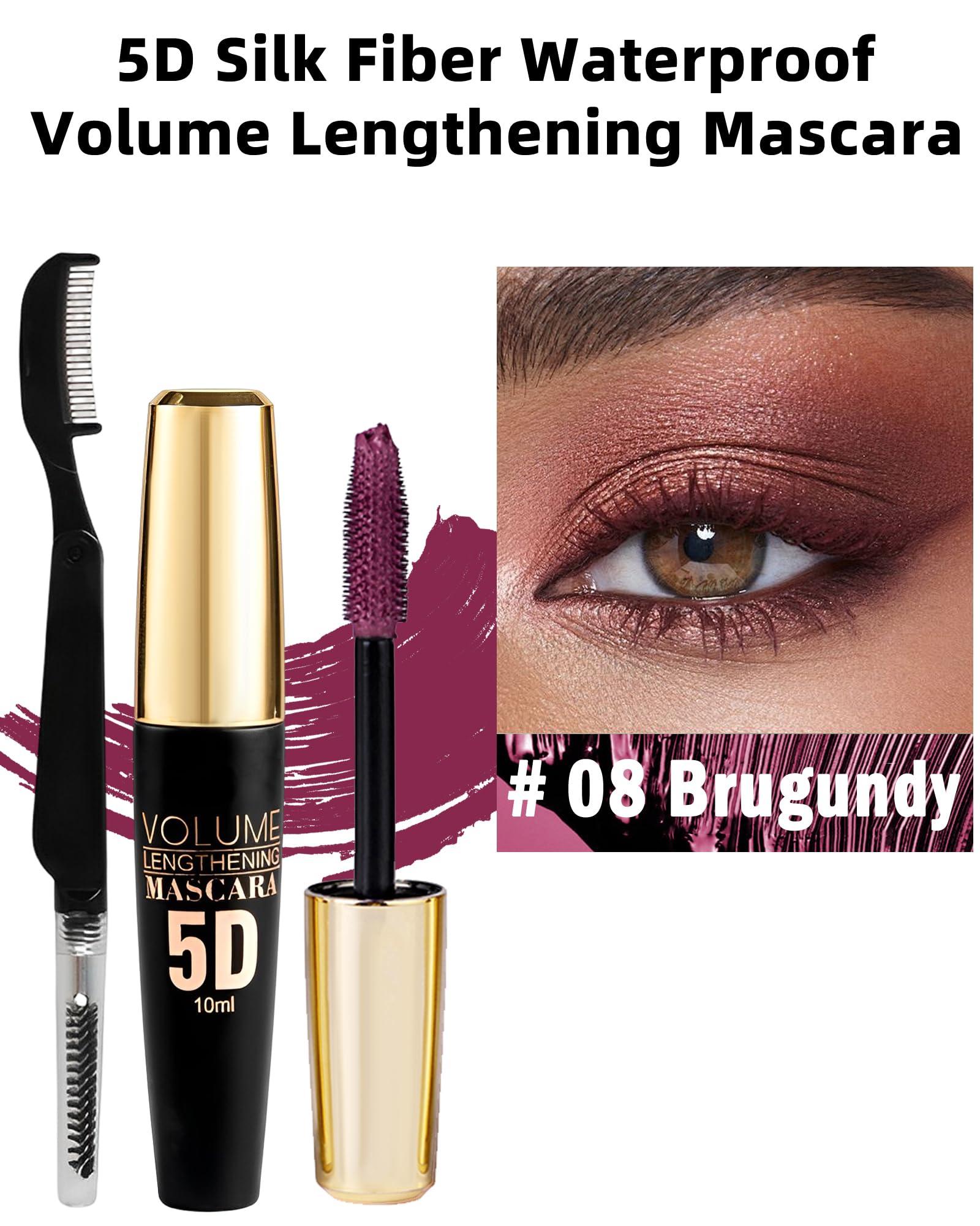 Lestpola Burgundy Mascara Waterproof Tubing Mascara, Volume and Length Voluminous Colored Mascara for Eyelashes, Long Lasting Smudge-proof Lengthening 5D Lash Mascara with Silk Fiber, No Flaking or Clumping