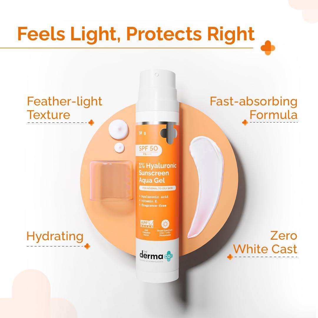 The Derma Co The Derma Co 1% Hyaluronic Sunscreen Aqua Gel with SPF 50 & PA++++ | Broad Spectrum UVA/B & Blue Light Protection | Lightweight & Quick Absorbing with Vitamin E | 1.76 Oz/50g
