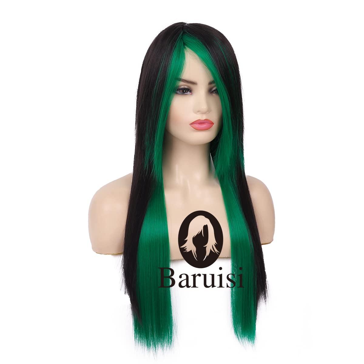 Baruisi Baruisi Long Straight Black Green Wig Silky Synthetic Heat Resistant Side Bangs Halloween Costume Hair Wigs for Women Girls