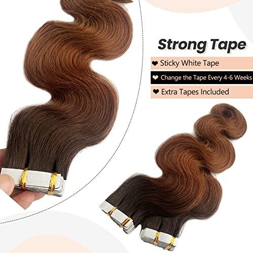 Licoville 24 Inch Ombre Tape in Hair Extensions Human Hair Body Wave Ombre Brown Tape in Extensions 50grams 20pcs Double Sided Medium Brown to Medium Auburn Wavy Real Human Hair Extensions Tape ins