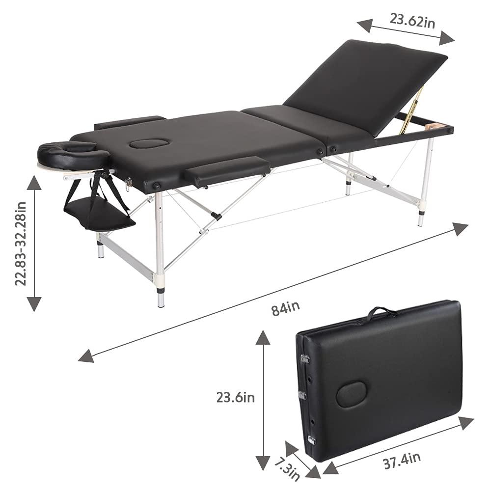 N\\A Axonl Portable Massage Table, 3 Folding Lightweight Aluminum Frame Massage Bed, 84 Inch Soft PVC Pads Salon Spa Therapy Table (Black)
