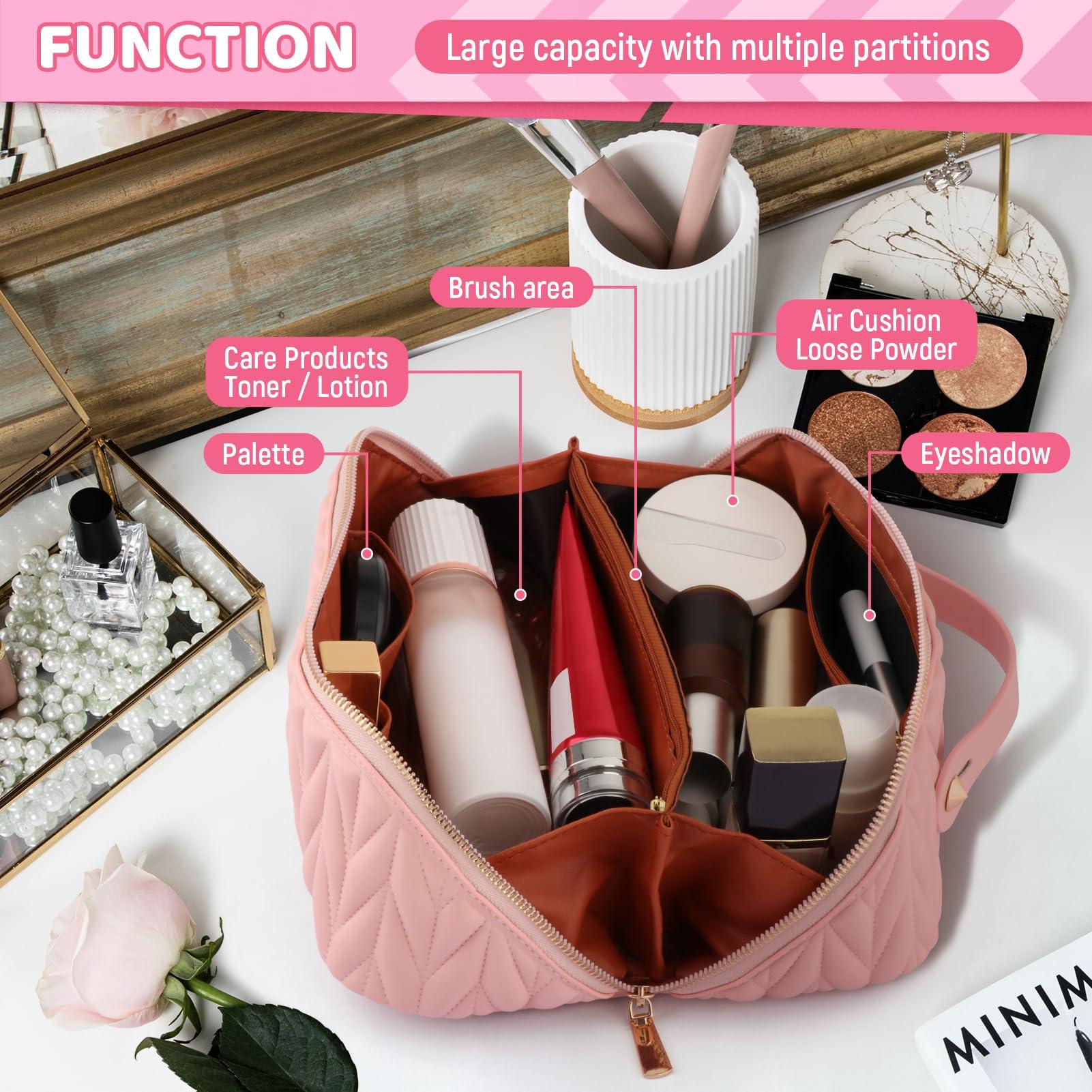 QLoztyse QLoztyse Lay Flat Makeup Bag - Portable Large Capacity Travel Cosmetic Bags Waterproof PU Leather Toiletry Organizer with Handle and Divider for Women, Pink