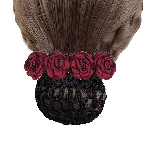 Generic Rose Spring Clip Crochet Bun Net Snood Office Lady Bow Tie Net Pocket Hairpin Clothing Hair Clips (rough net, Red)