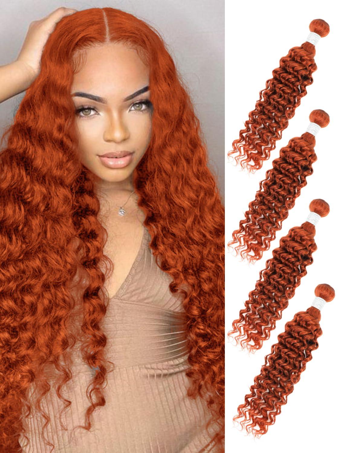 AUROO AUROO Ginger Bundles Human Hair 14 16 18 20 inch, Burnt Orange Deep Wave Human Hair Bundles Curly Ginger Hair 100% Virgin Remy Brazilian Weave Soft Thick 350 Ginger Wavy Bundles Human Hair Sew In
