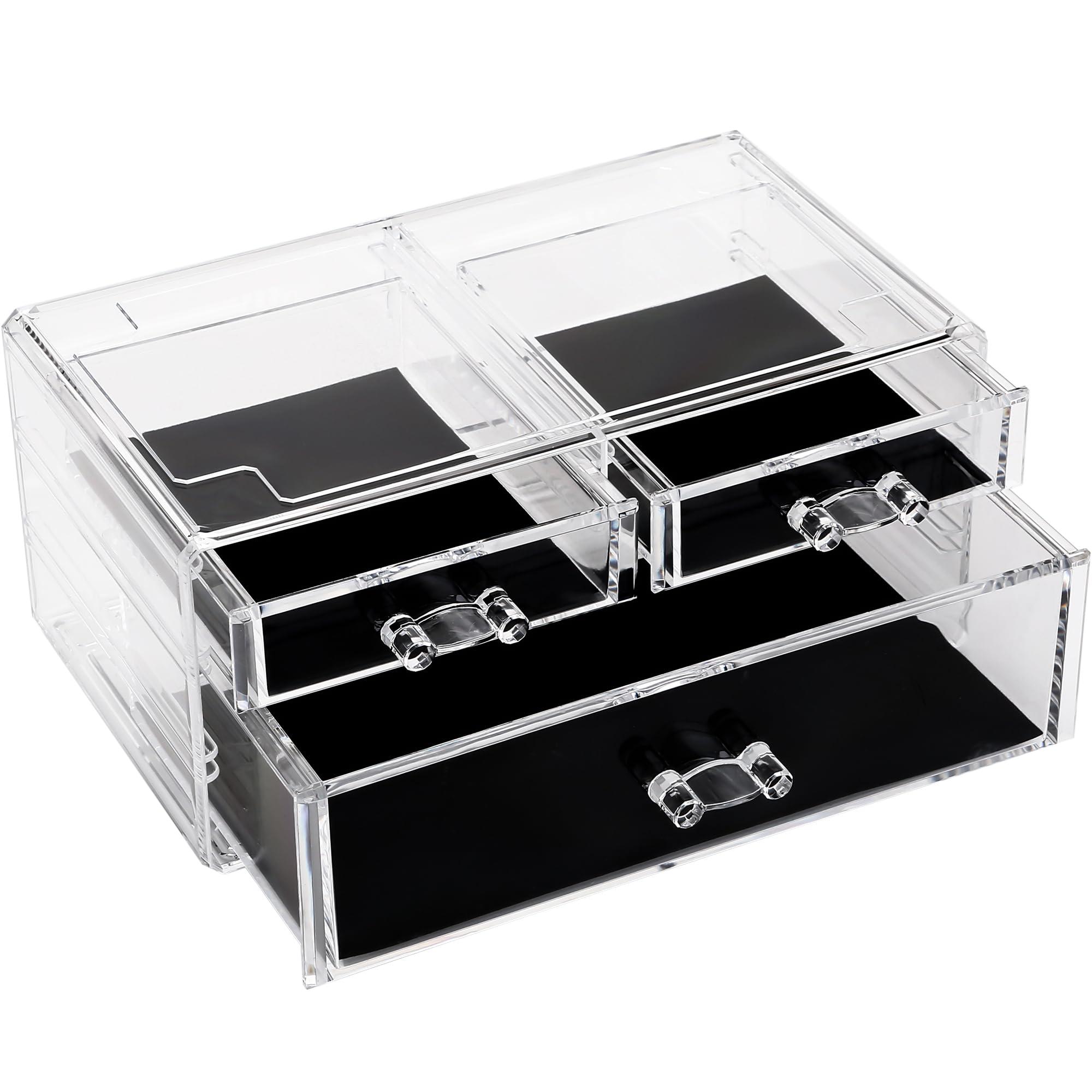 Sea Team Sea Team Clear Makeup Organizer with Drawers, Acrylic Plastic Cosmetic Display Case, Jewelry Storage Box, Holder for Dresser, Bathroom, Vanity, Countertop (1 Large, 2 Small Drawers)