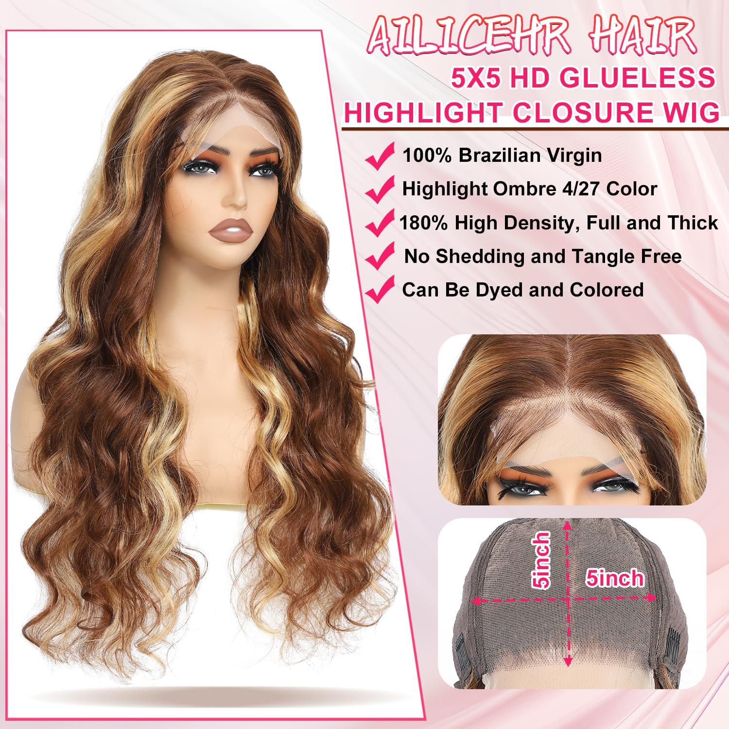 AILICEEHR AILICEEHR 30 Inch Highlight Ombre 5x5 Lace Closure Wigs Human Hair Body Wave P4/27 Honey Blonde Glueless Wigs Human Hair Pre Plucked HD Lace Front Balayage Colored Wigs Human Hair 180% Density
