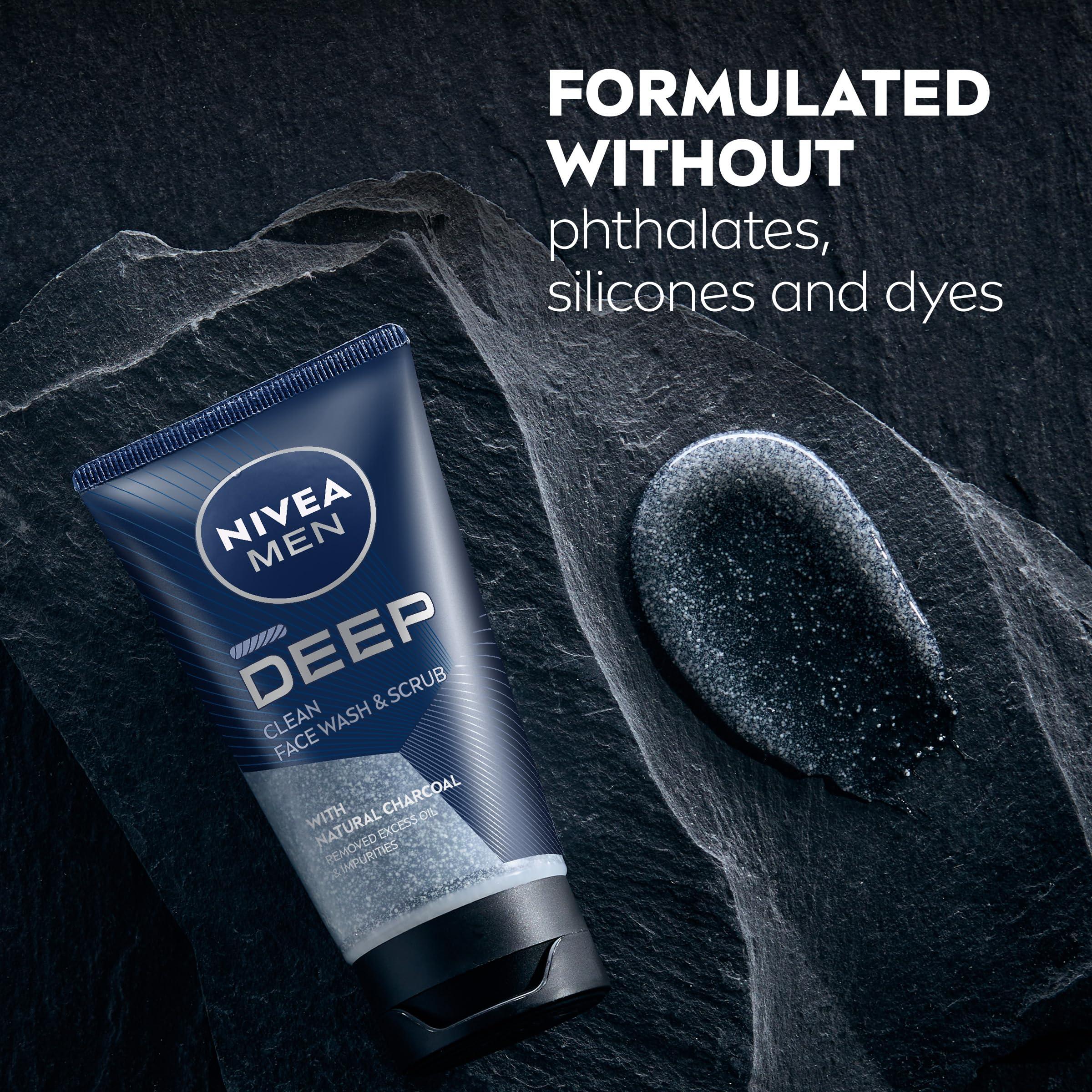 Nivea Men Nivea Men Deep Clean Face Wash and Scrub With Natural Charcoal, Exfoliating Face Wash for Men Removes Excess Oil, Dirt and Impurities, Beard Friendly, 2.5 Fl Oz Tube, Pack of 3