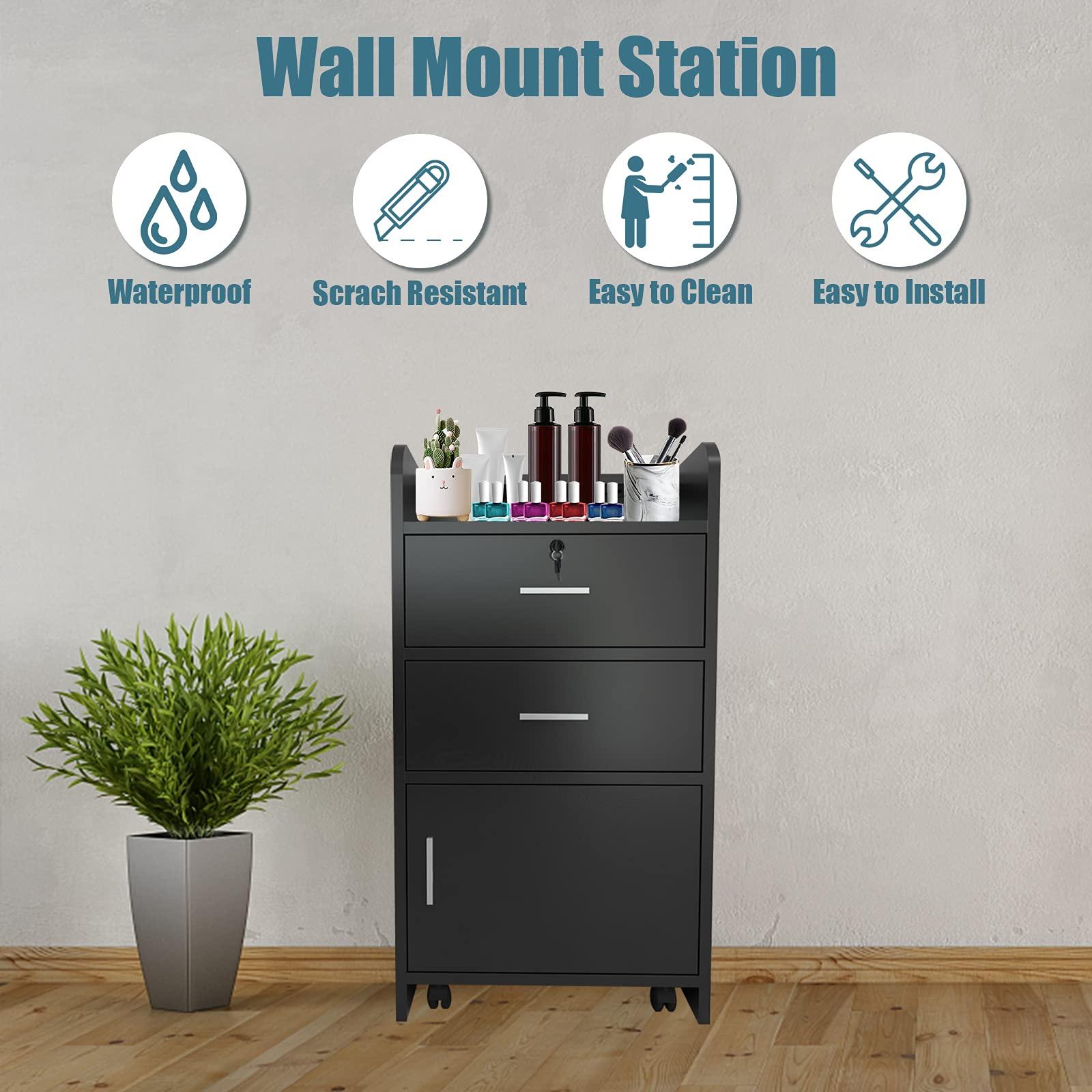 Goujxcy Goujxcy Barber Salon Station for Hair Stylist, Black Salon Barber Storage Cabinet Hair Station, Space-saving Salon Cabinets, Salon Beauty Equipment with 2 Drawers,1 Door,3 Hair Dryer