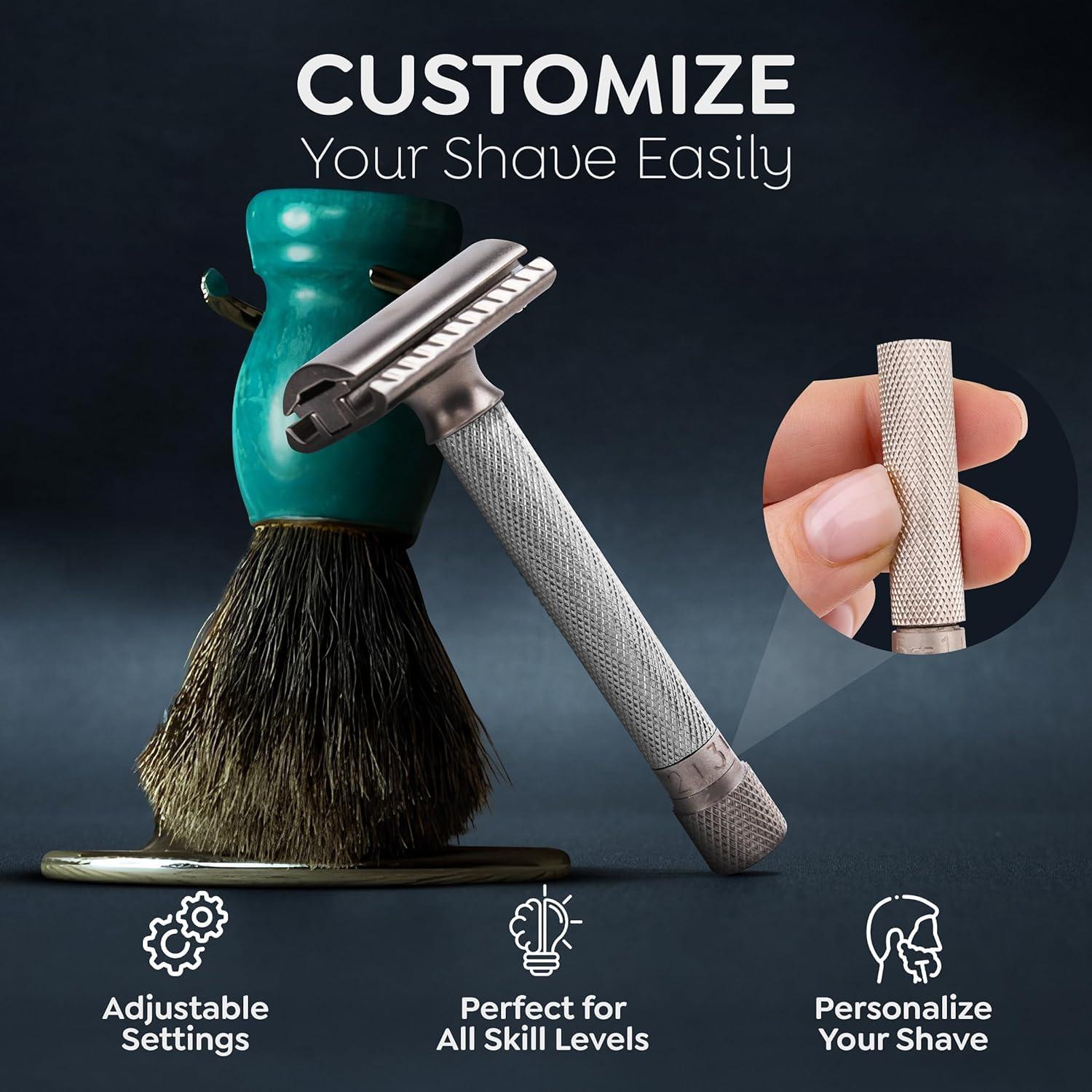 Parker Safety Razor The Parker Variant ADJUSTABLE Double Edge Safety Razor, Customize your Shave with a Turn of the Dial from Mild to Aggressive - 5 Blades Included (SATIN CHROME)