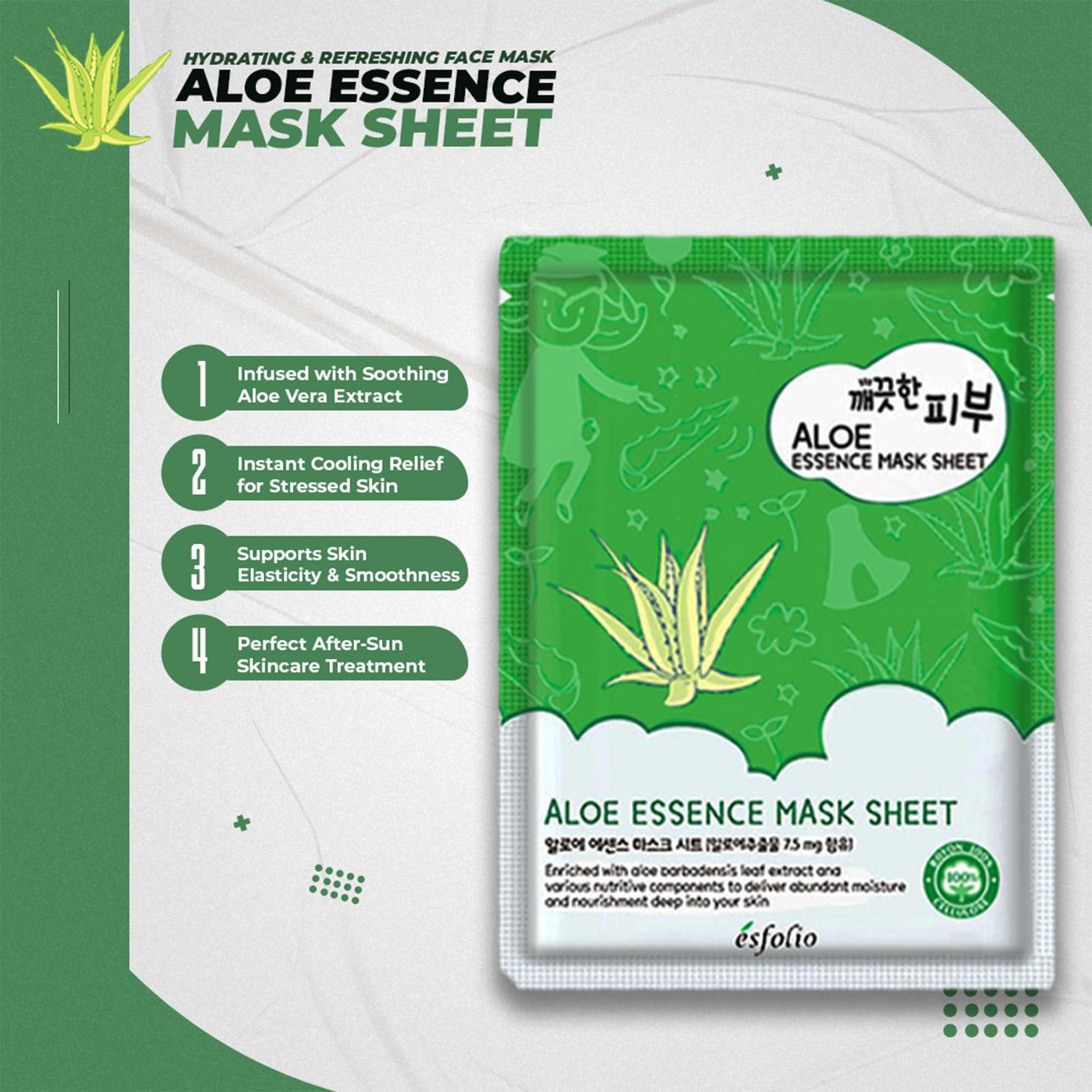 esfolio Esfolio Pure Skin Aloe Vera Essence Mask Sheet  Hydrating & Soothing Korean Face Mask for Dry, Sensitive, Sun-Exposed Skin  Moisturizing, Calming Skincare for Redness Relief Skin Repair (Pack of 10)