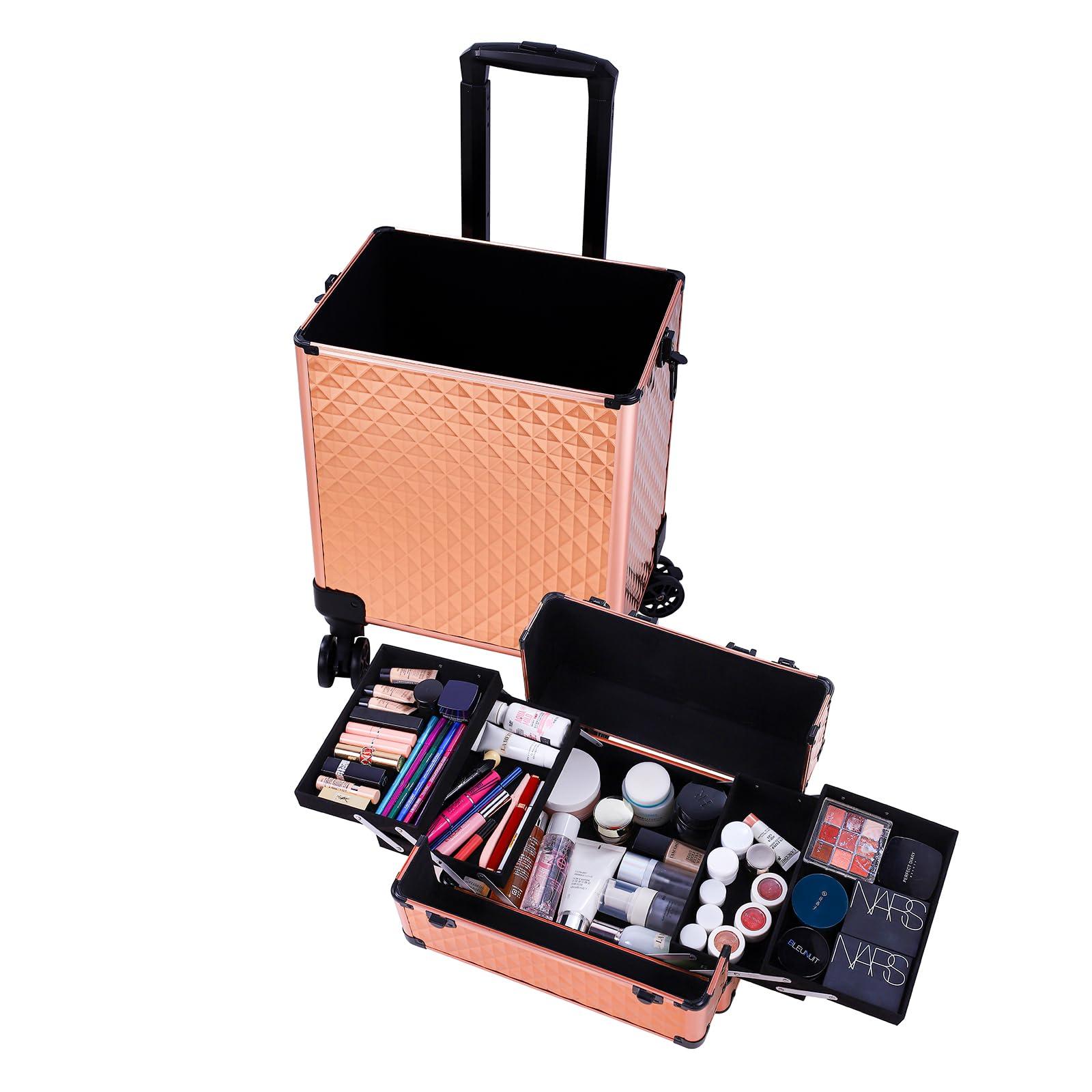 Algasan 4-in-1 Rose Gold Makeup Train Case, Draw-bar Style Interchangeable Aluminum Rolling Makeup Case- (13.78 x 9.84 x 29.53)" (L x W x H)