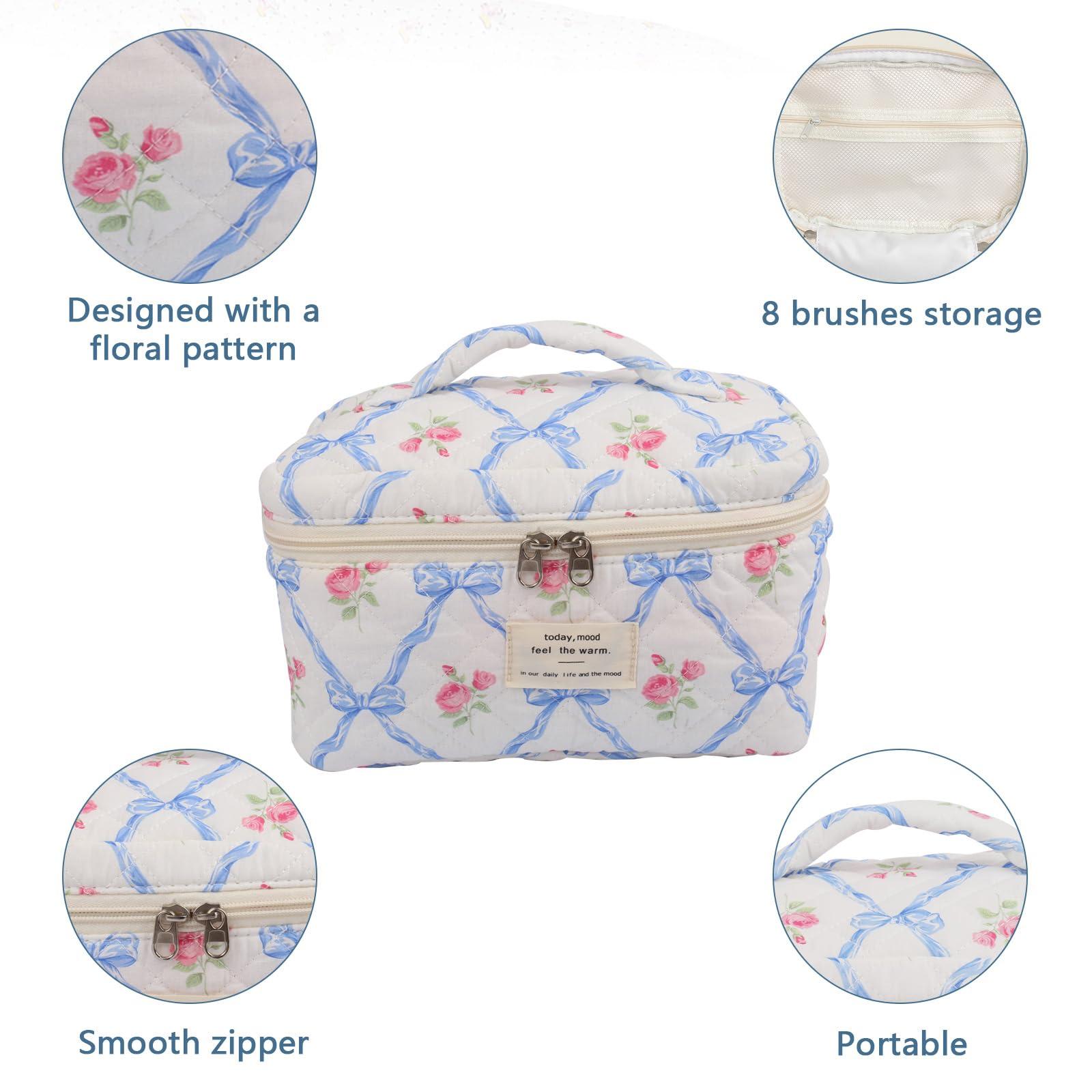 Gosect Large Makeup Bag, Cute Cosmetic Bag for Women Girls, Floral Coquette Aesthetic Toiletry Bag, Travel Make Up Organizer Bag (Blue Butterfly)