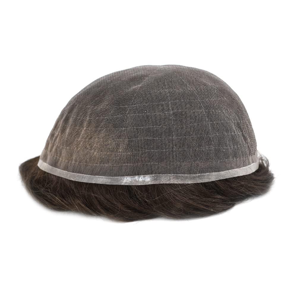 Generic Toupee for Men Full French Lace Human Hair System For Men Bleached Knots Mens Hair Replacement System Breathable Full Lace Hairpiece7\"X9\"#3 Dark Brown-110% density