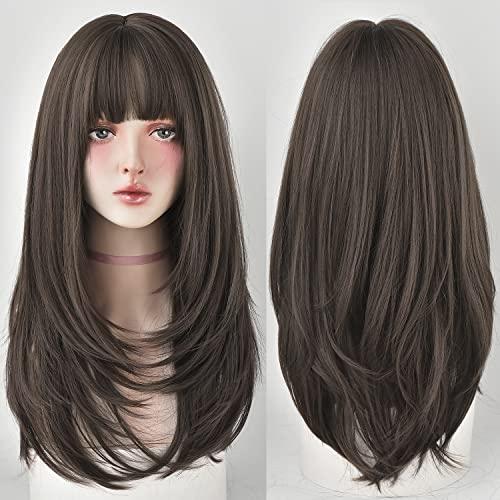 7JHH WIGS 7JHH WIGS Hair Dye Wig for Women Synthetic Hair Natural Long Straight Wig With Bangs (22inch, Cold brown)
