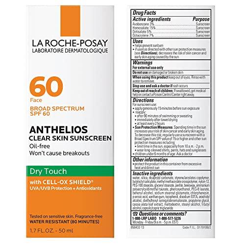 La Roche-Posay La Roche-Posay Anthelios Clear Skin Sunscreen Dry Touch SPF 60, Oil Free Sunscreen For Face, Oil Absorbing, Broad Spectrum SPF + Antioxidants, Non-Greasy, Oxybenzone Free, Travel Size