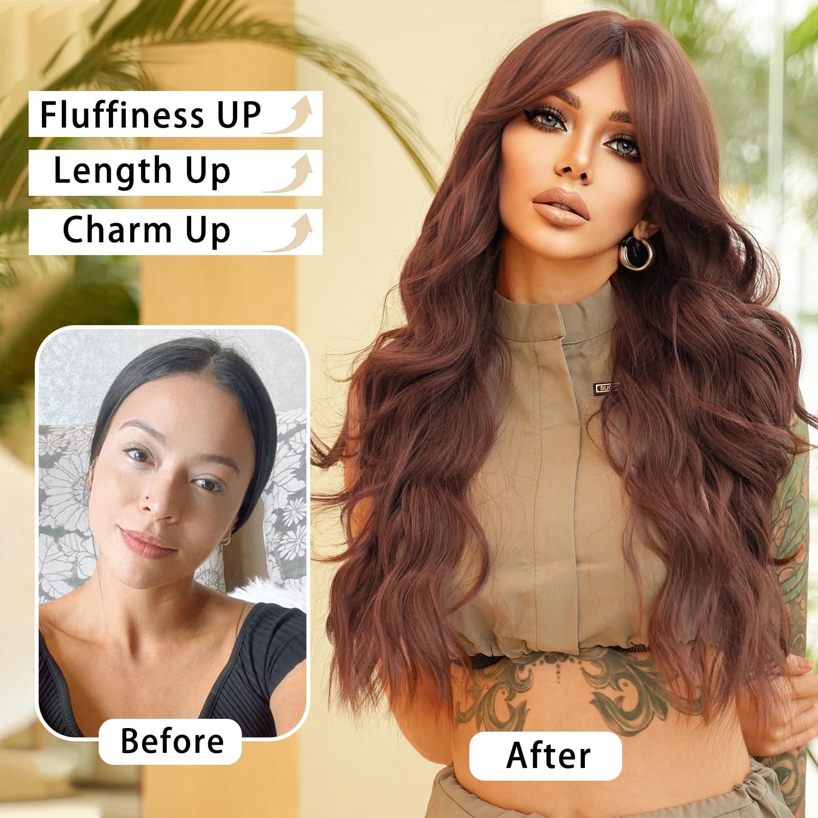 PARK YUN PARK YUN Long Wavy Reddish Brown Wigs With Bangs 28 Inch Chocolate Brown Side Part Curtain Bangs Heat Resistant Synthetic Wig Natural Looking Wigs for Women Daily Party Use