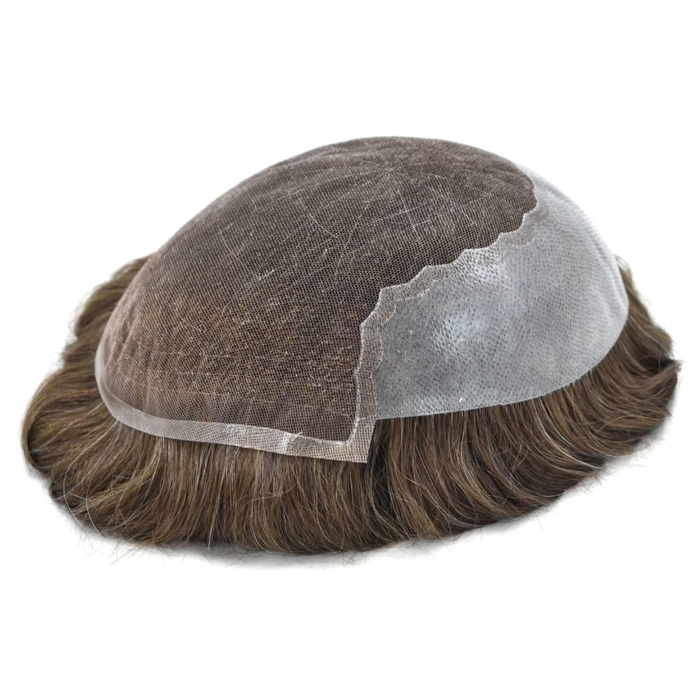 Just Hair Toupee for Men Hair Replacement Systems Swiss Lace Front Mens Toupee Bleached Knot Natural Human Hair Piece (5# Medium Light Brown, 7x9\"-90% Light Density)