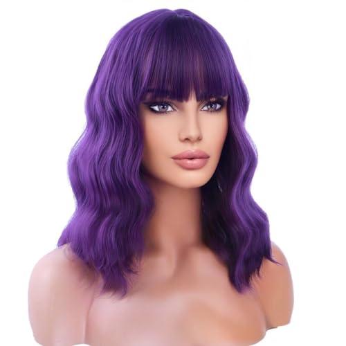 BERON BERON 14 Inches Purple Wig for Women Girls Short Curly Wig Dark Purple Wig Synthetic Wig Purple Wig with Bangs Wig Cap Include