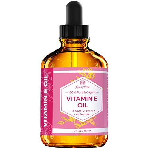 Leven Rose Vitamin E Oil by Leven Rose 75,000 IU per oz 100% Natural, Organic, Pure Vitamin E Oil for Skin, Face, Hair, Nails, and Scars, 4 oz