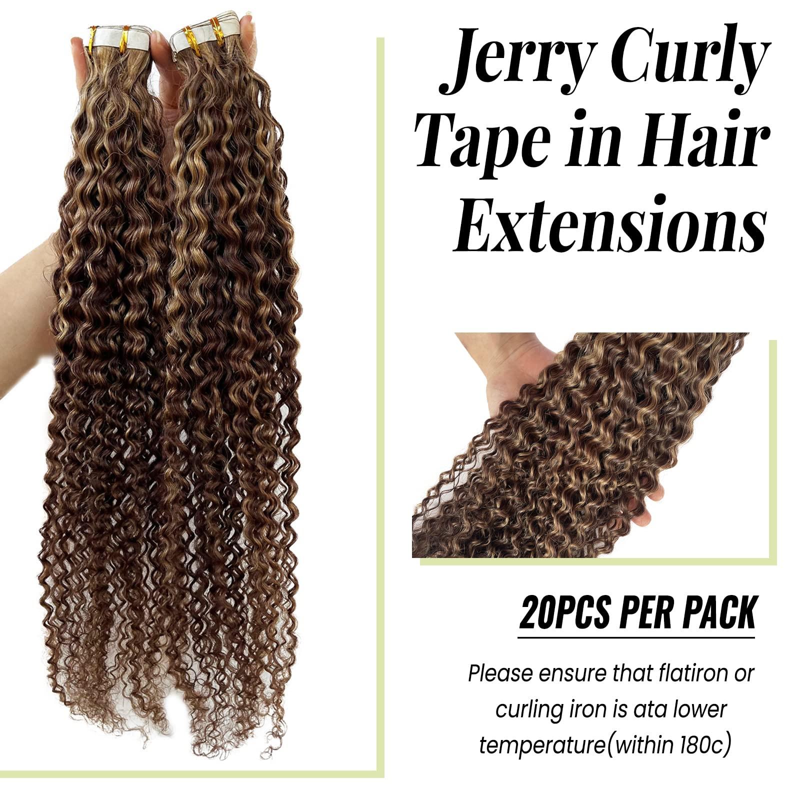 Valiilo Jerry Curly Tape ins Human Hair Extensions, Blonde Tape in Human Hair Extensions Invisible Glue in Remy Hair Brown to Caramel Blonde Highlights Curly Tape on Real Hair 20 Pieces 50 Gram 22 Inch