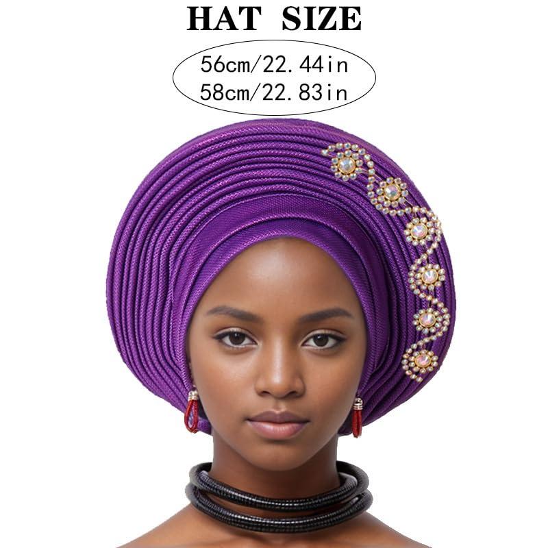 SugeGasa Nigerian Headtie with Stones Female Head Wraps Already Made Auto Gele Head Tie African Turban Cap for Party (Purple)