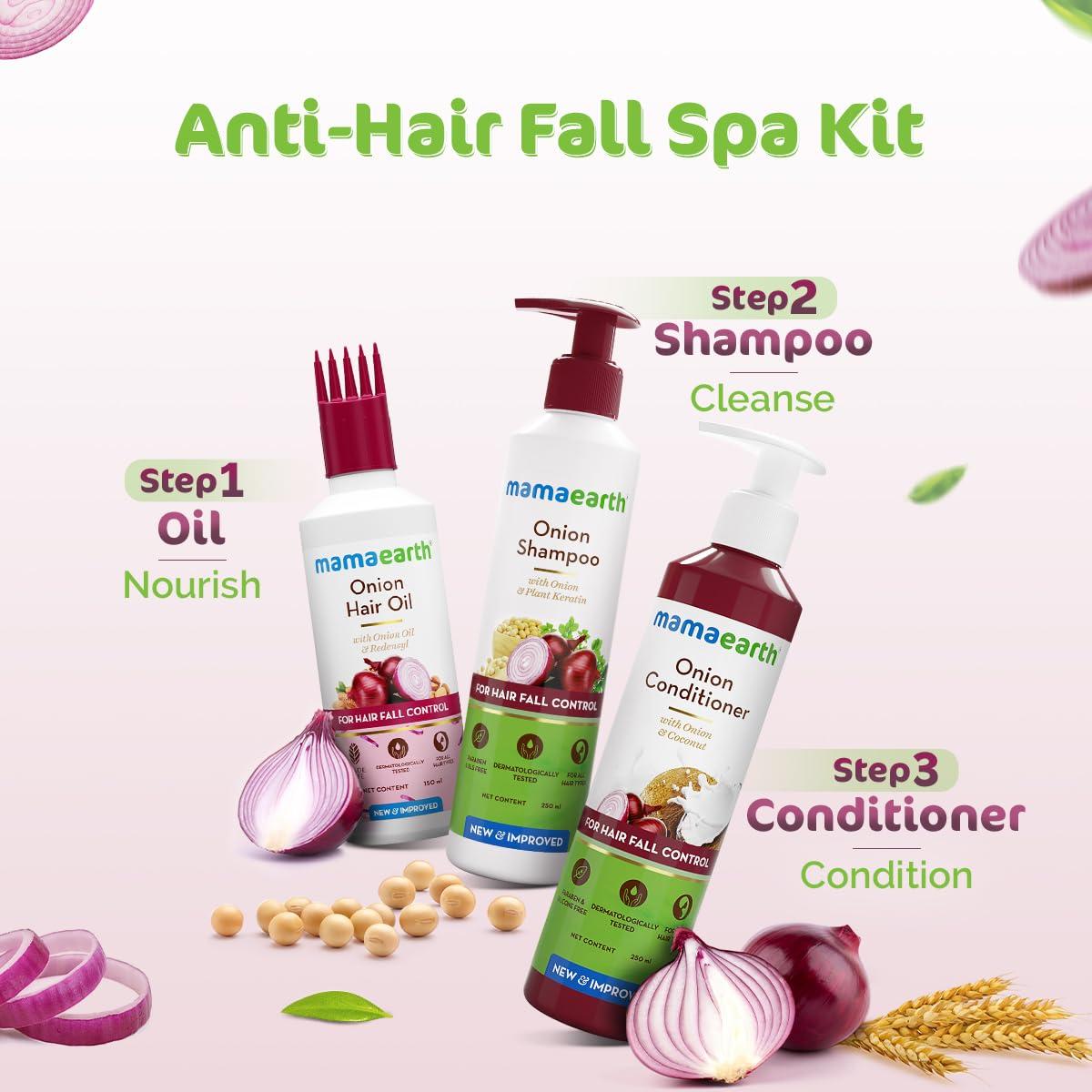 MAMAEARTH Mamaearth Onion Hair Care Kit - Hair Fall Control with 150ml Onion Oil & Shampoo + Conditioner (250ml Each) | Anti Hair Loss & Growth Formula | 3 Piece Set