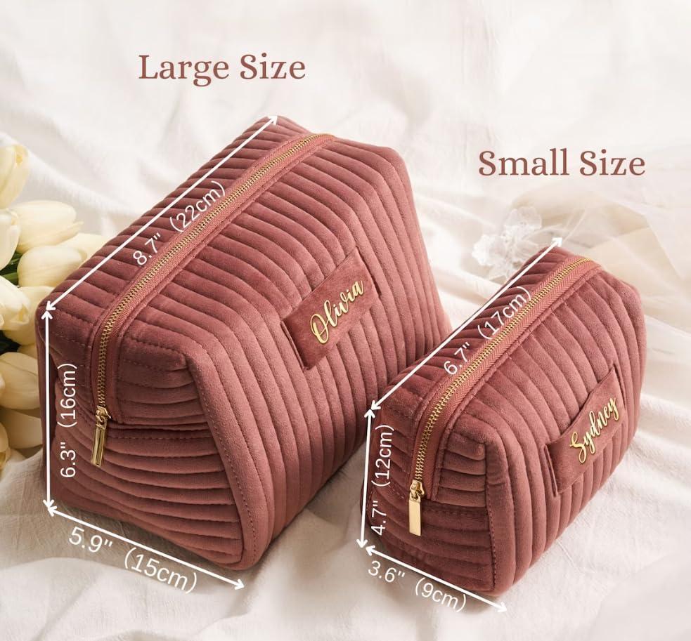 LalatiFy LalatiFy Custom Cosmetic Bag Personalized Makeup Bag with Logo/Photo/Labeled Design,Velvet Quilted Travel Toiletry Pouch Accessories Brushes Girls Women Gift for Wedding Birthday,Big Pink/Blue