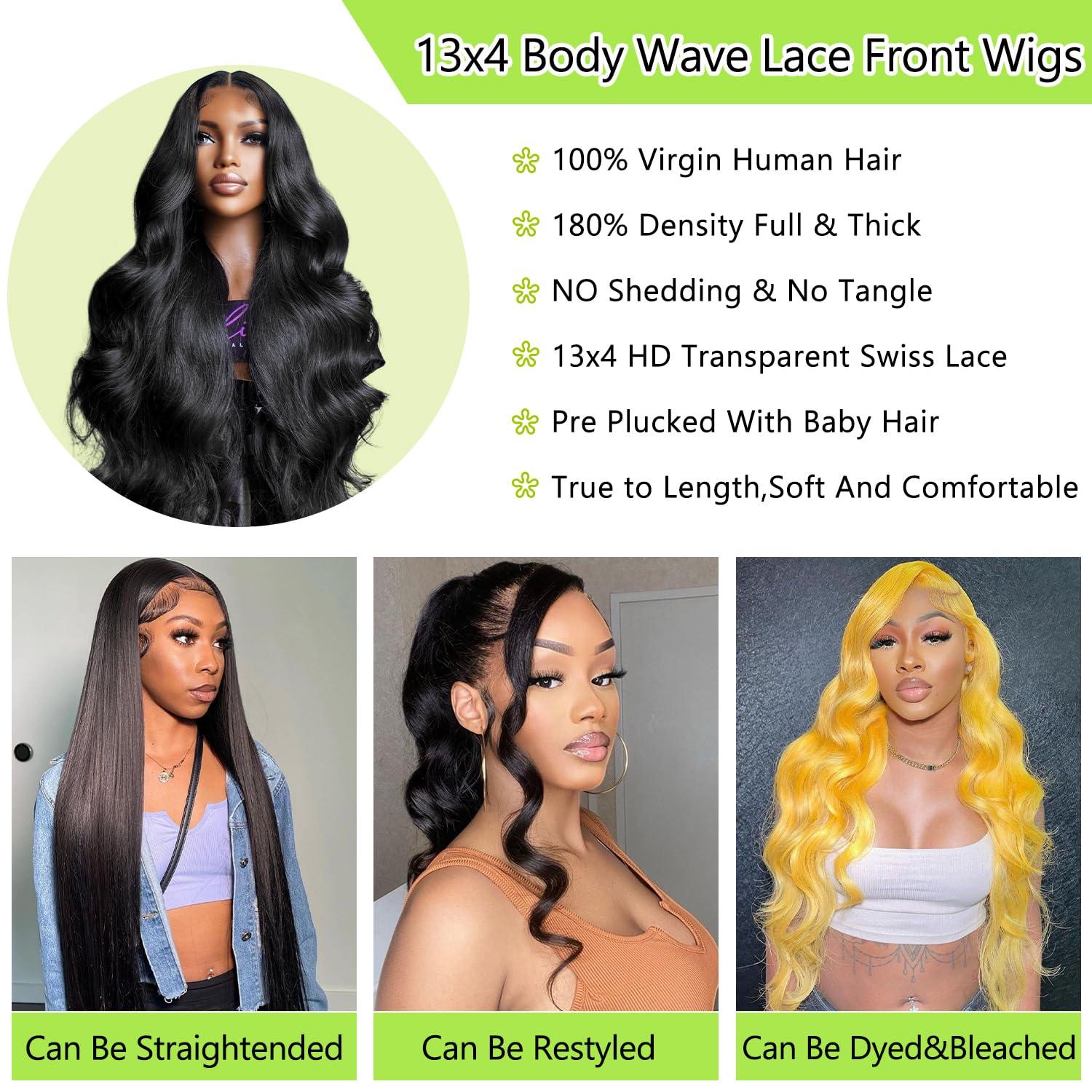 Falote 26 Inch Body Wave Lace Front Wigs Human Hair Pre Plucked 13x4 HD Transparent Lace Frontal Wigs Human Hair 180% Density Glueless Brazilian Virgin Human Hair Wig for Women With Baby Hair Natural Black